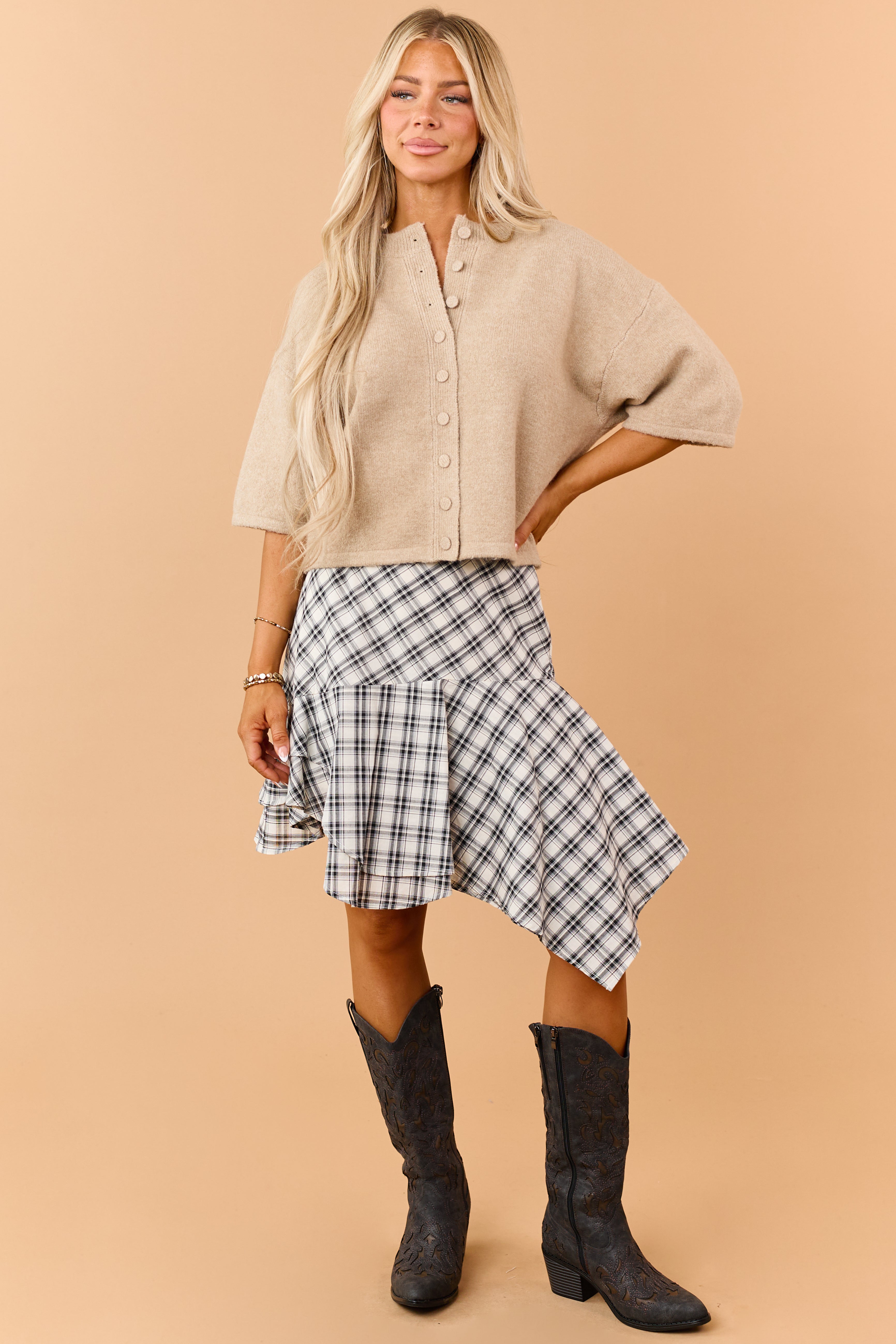 Black and Ivory Cotton Plaid Asymmetrical Hem Skirt