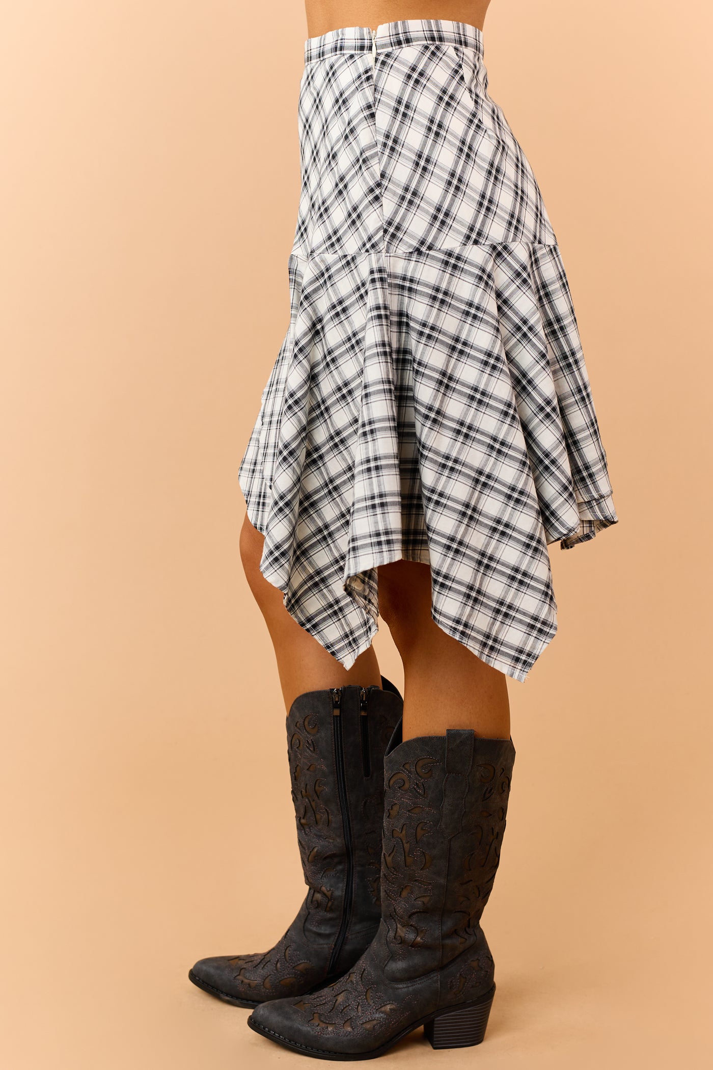 Black and Ivory Cotton Plaid Asymmetrical Hem Skirt