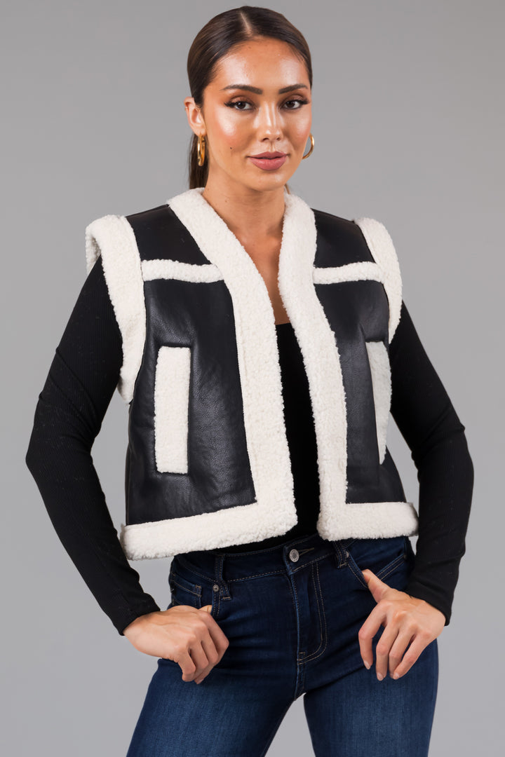 Black and Ivory Faux Leather and Sherpa Vest