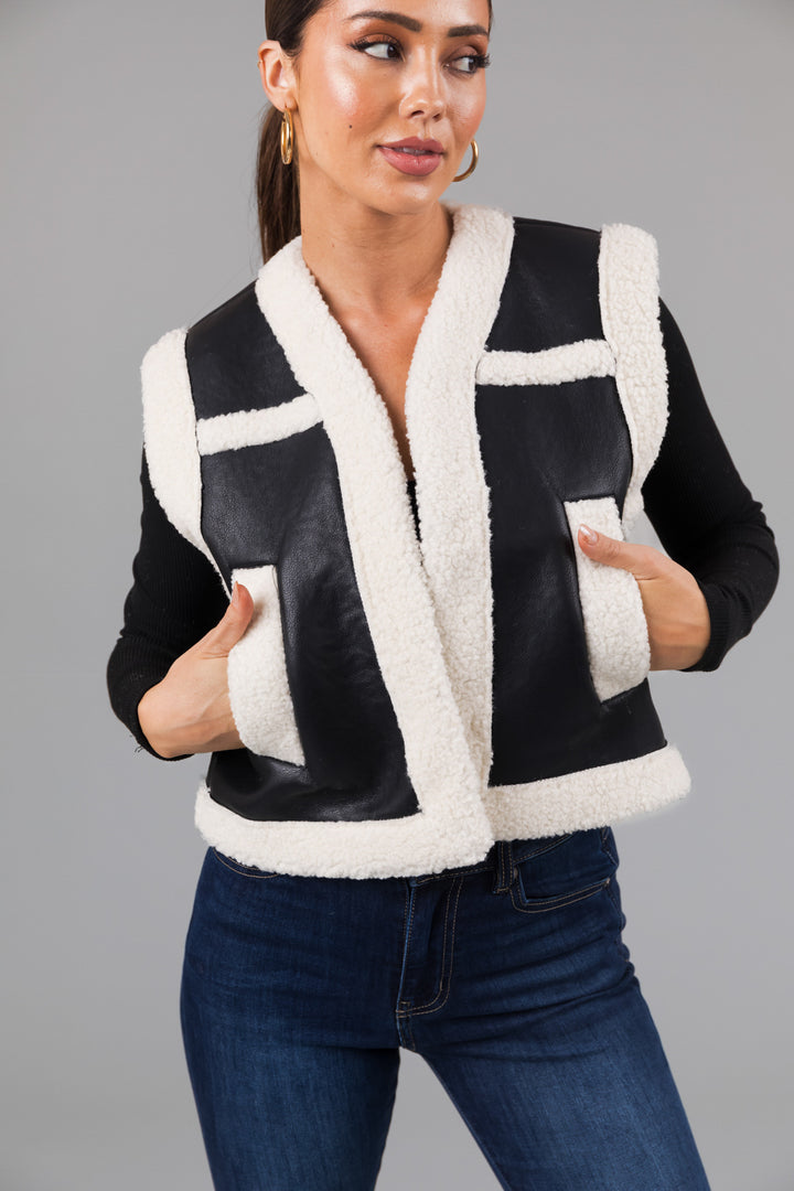 Black and Ivory Faux Leather and Sherpa Vest