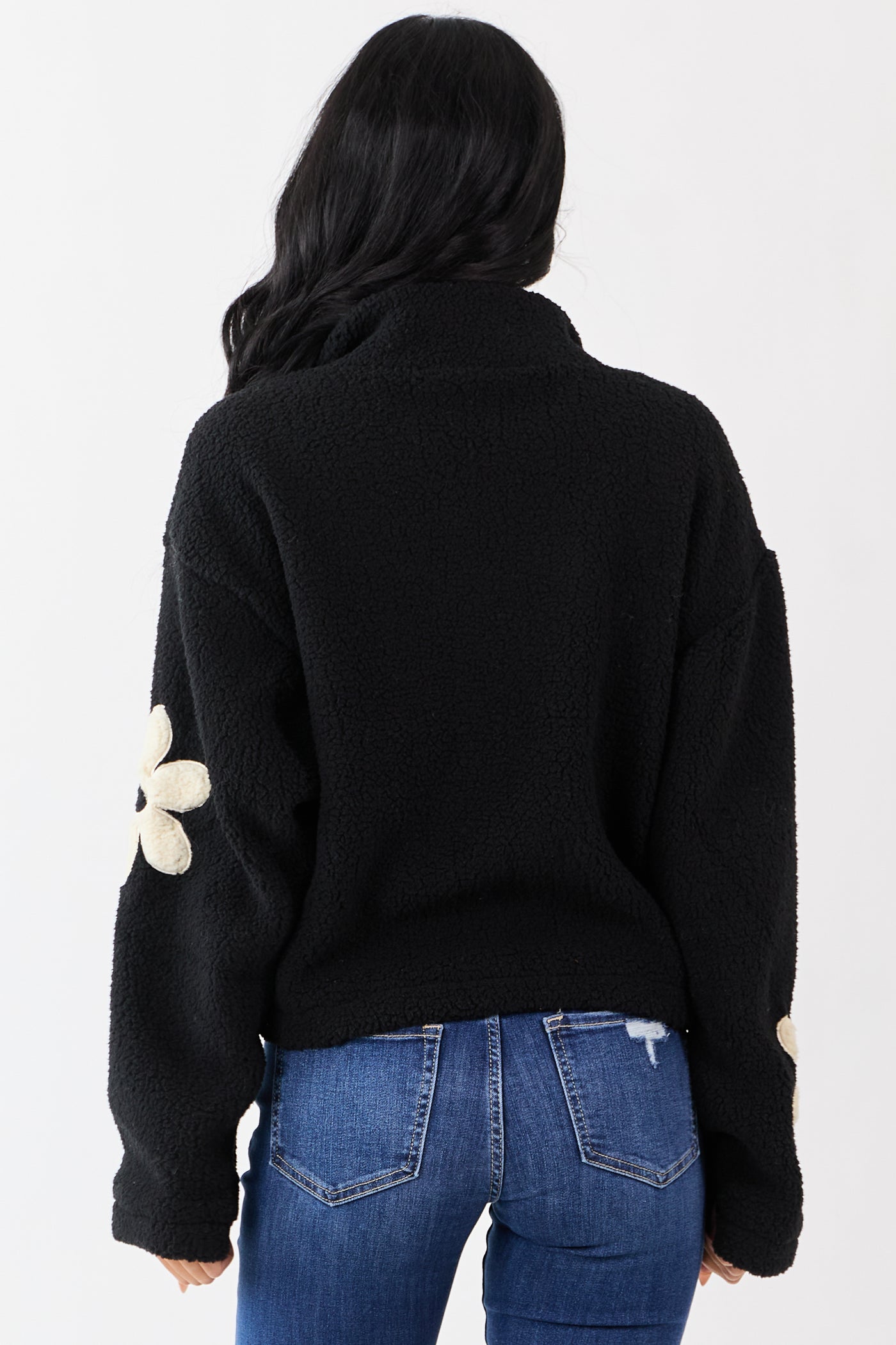 Black and Ivory Floral Pattern Fleece Jacket