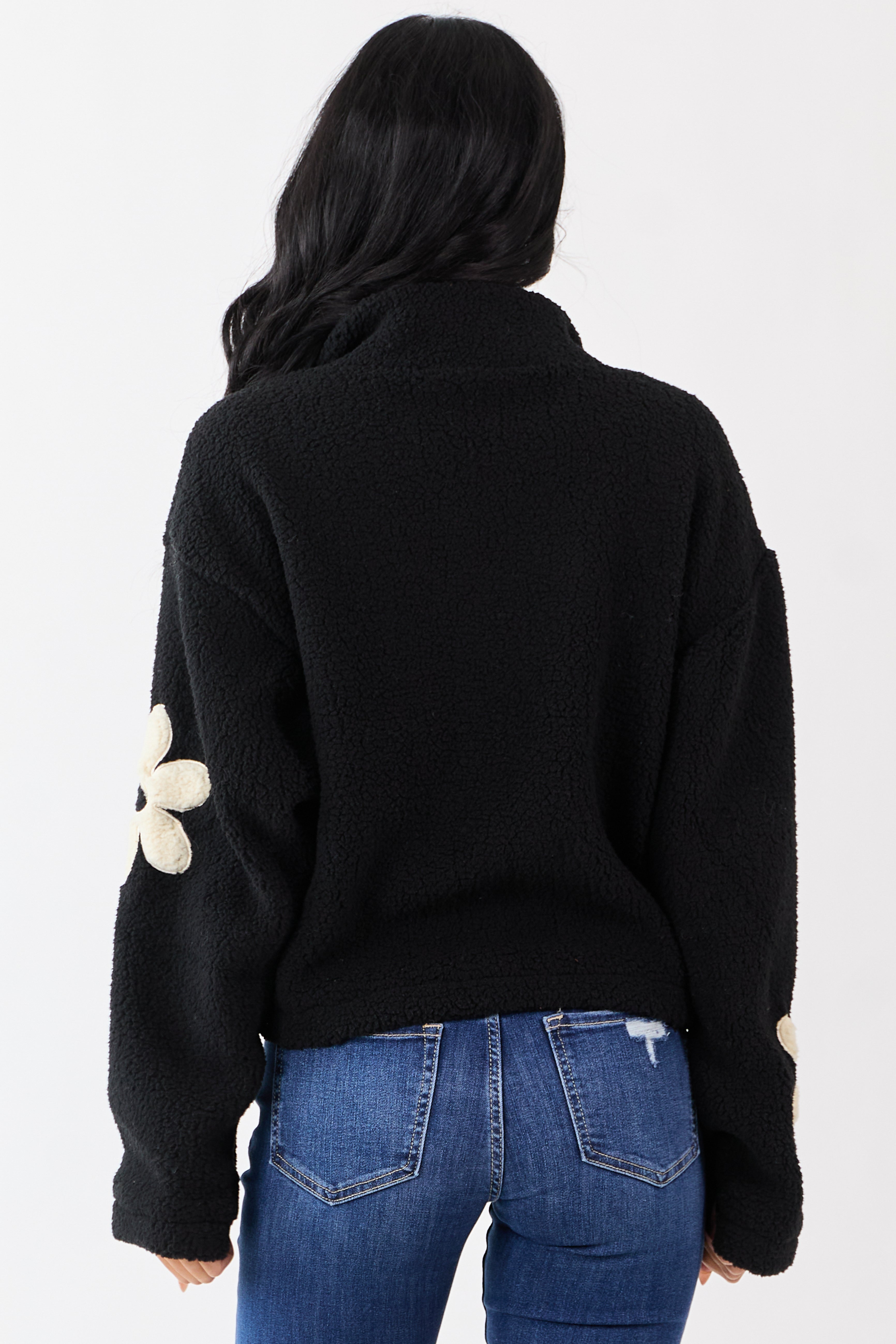 Black and Ivory Floral Pattern Fleece Jacket