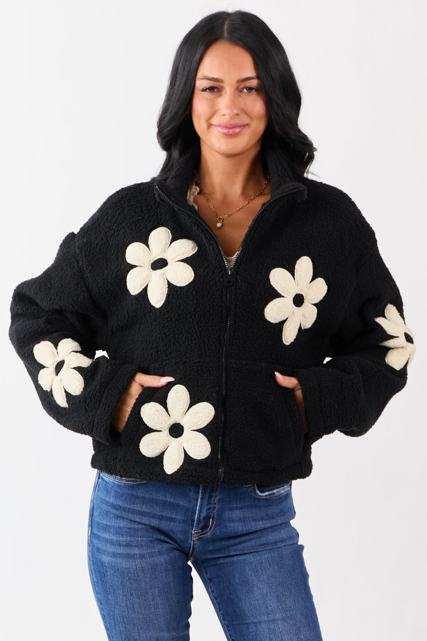 Black and Ivory Floral Pattern Fleece Jacket