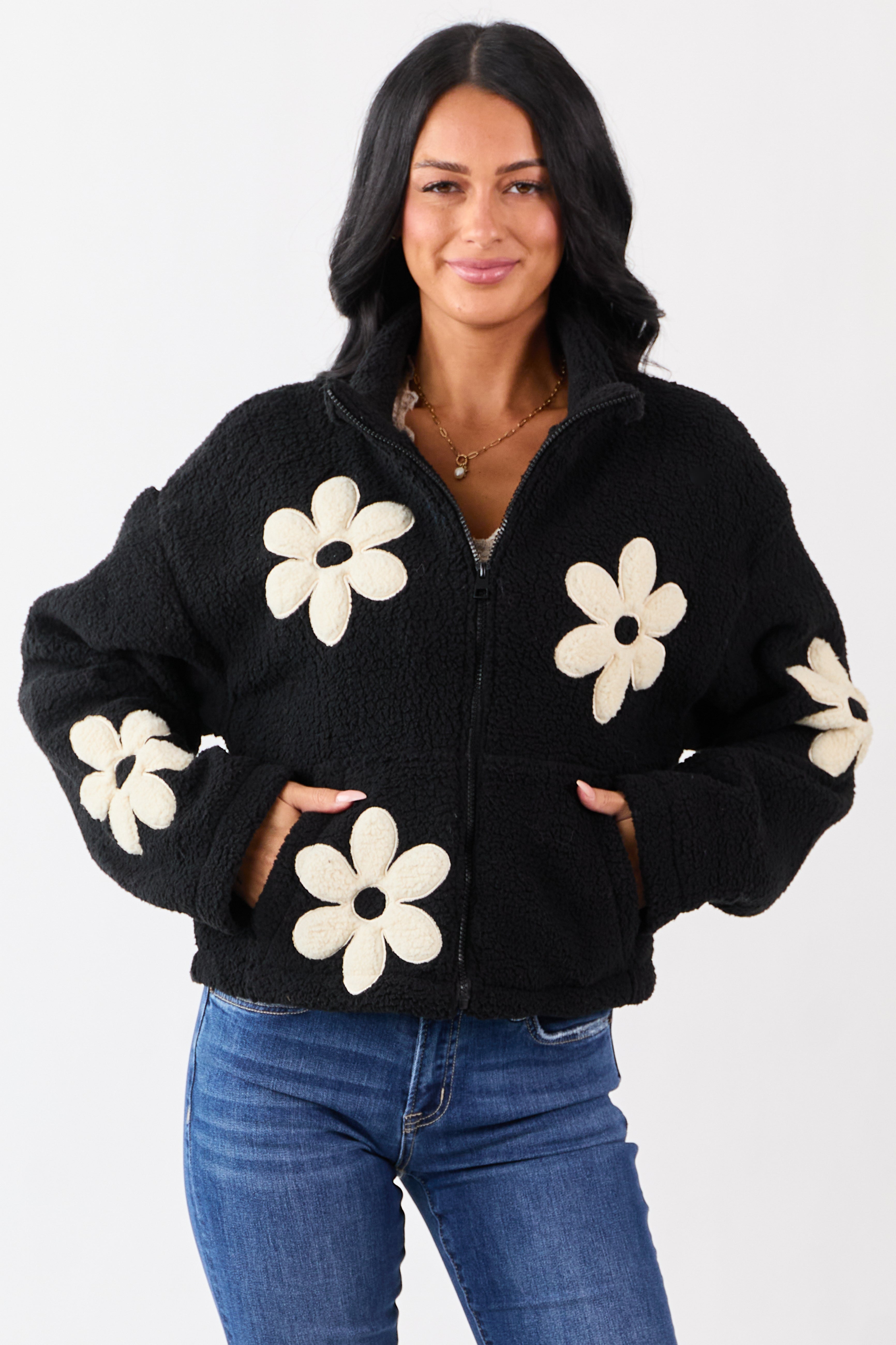 Black and Ivory Floral Pattern Fleece Jacket