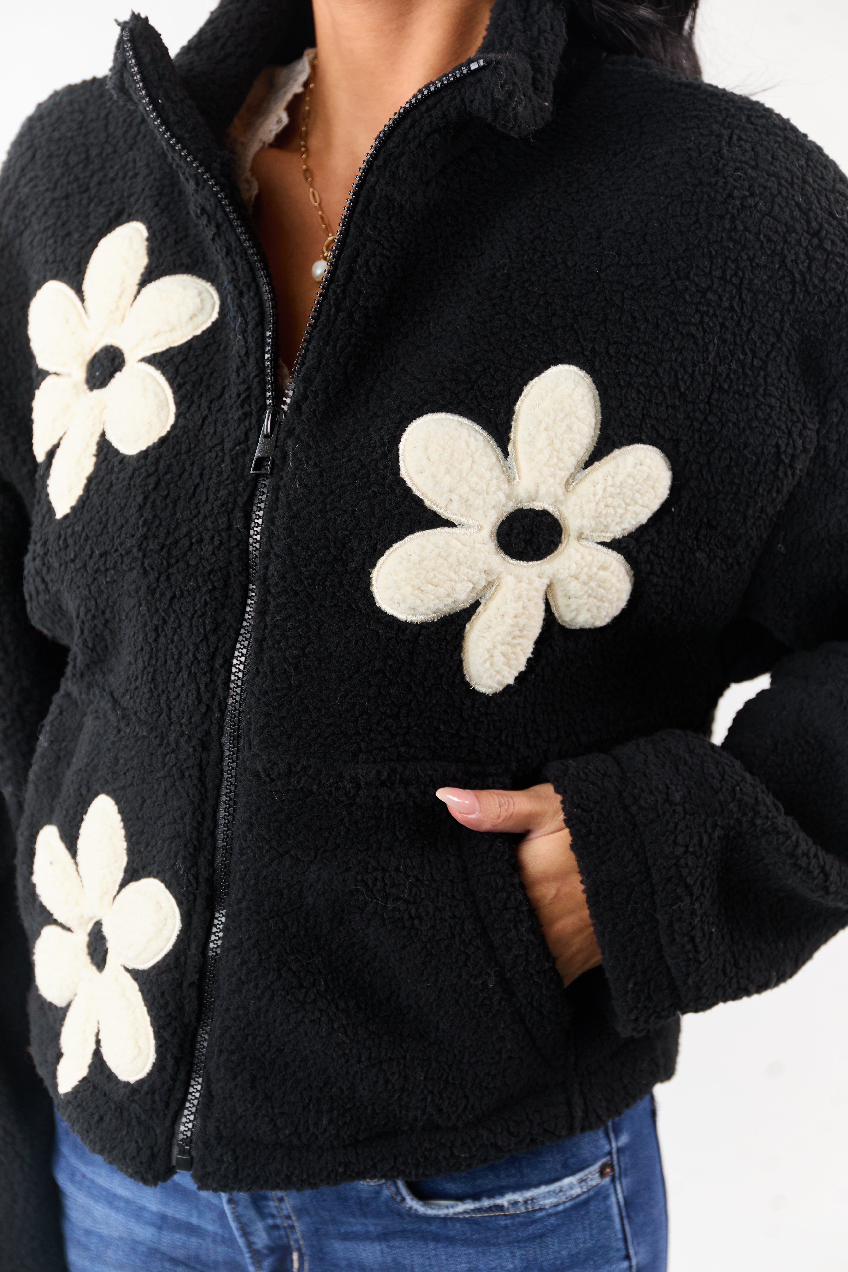 Black and Ivory Floral Pattern Fleece Jacket
