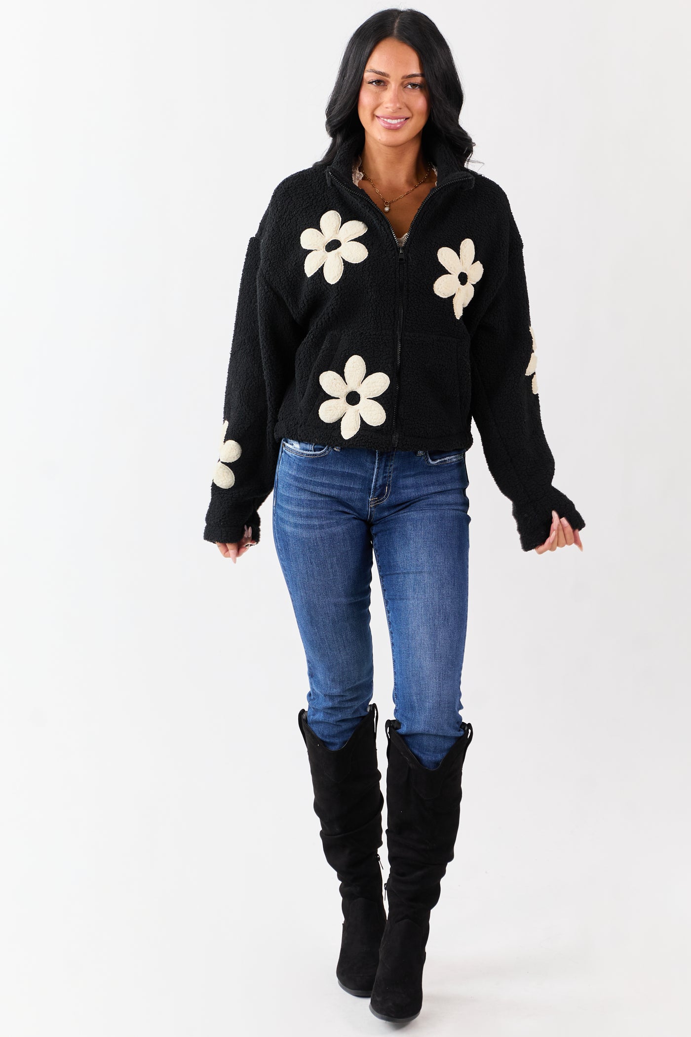 Black and Ivory Floral Pattern Fleece Jacket