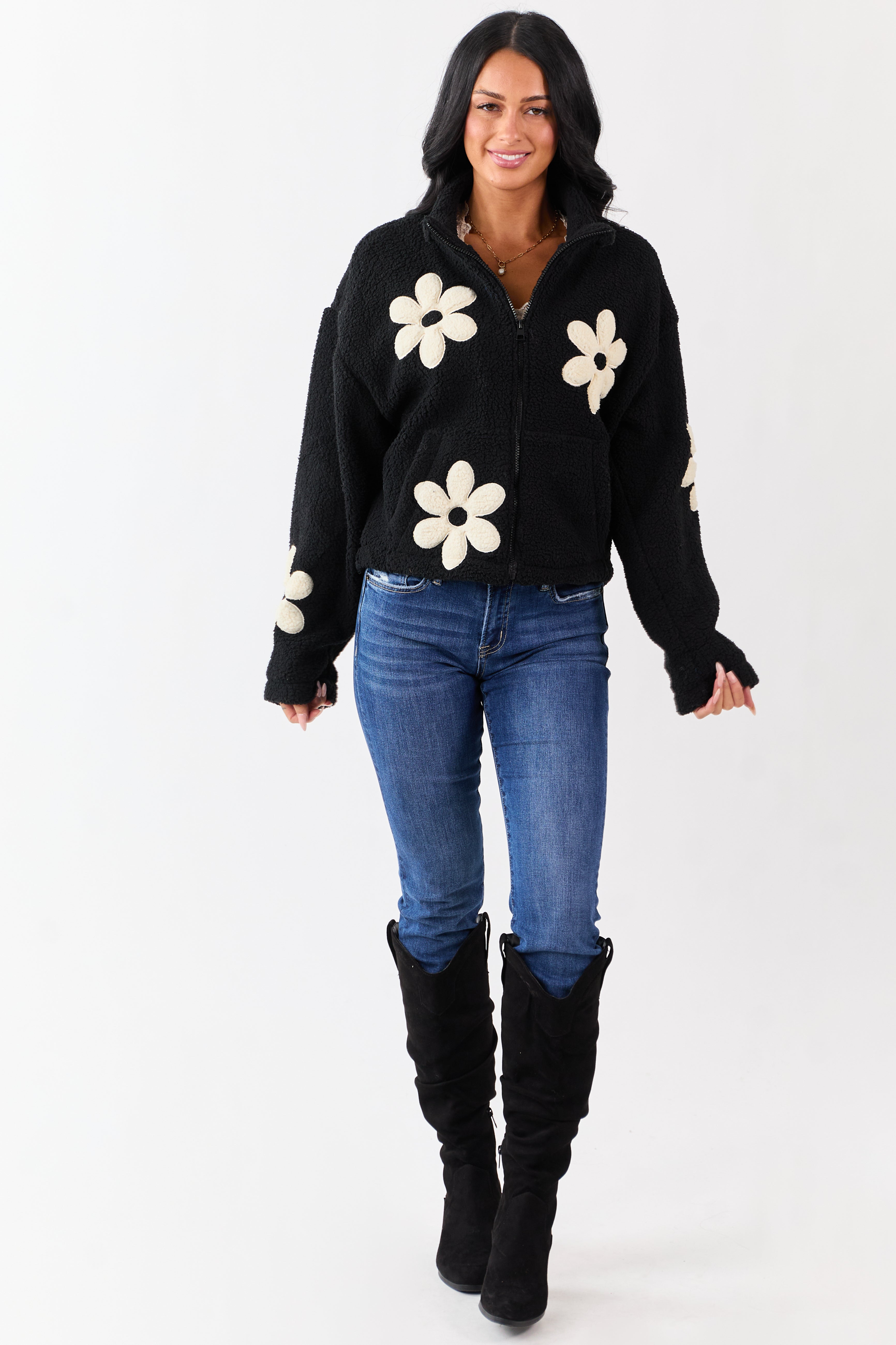 Black and Ivory Floral Pattern Fleece Jacket