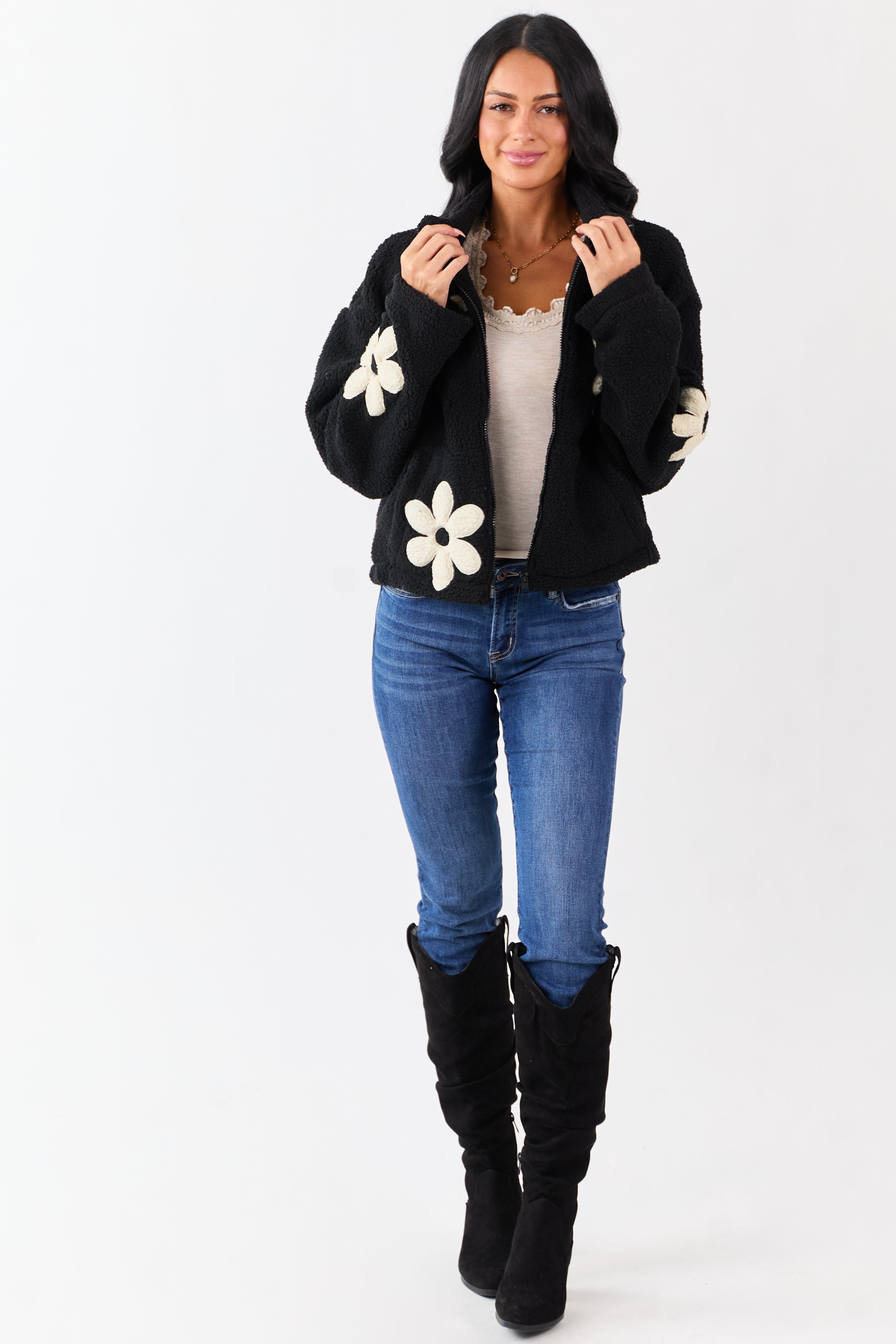 Black and Ivory Floral Pattern Fleece Jacket