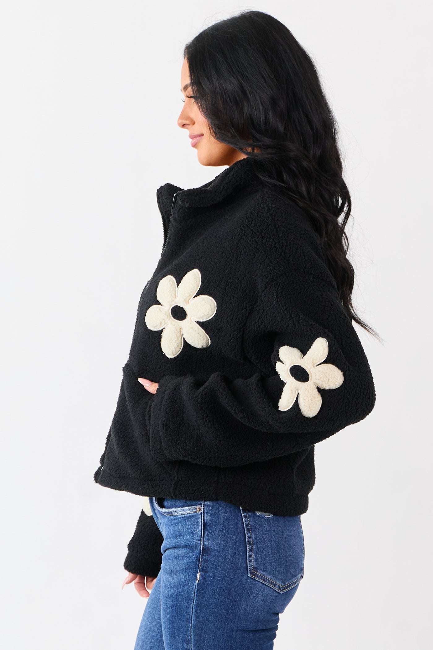 Black and Ivory Floral Pattern Fleece Jacket