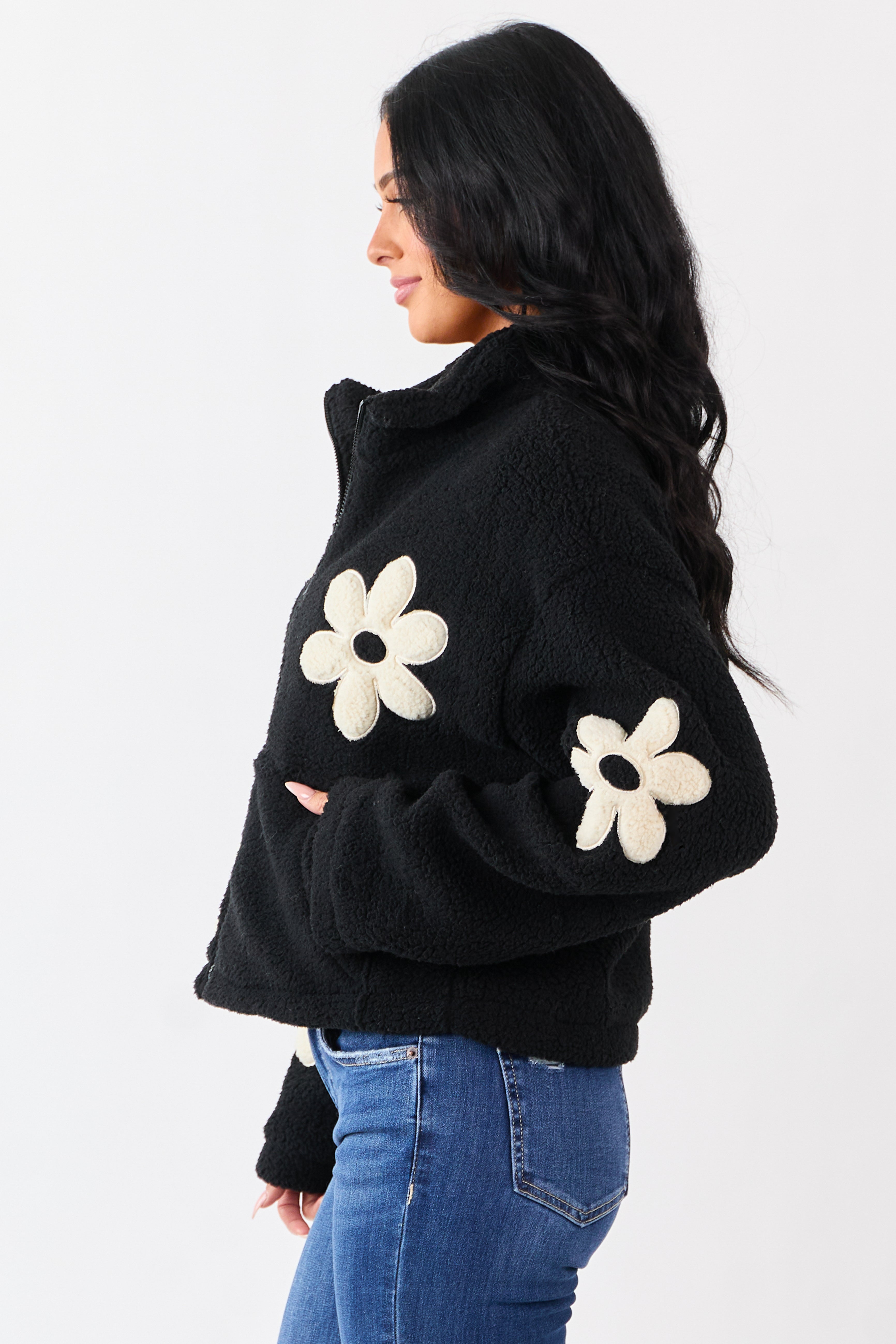 Black and Ivory Floral Pattern Fleece Jacket