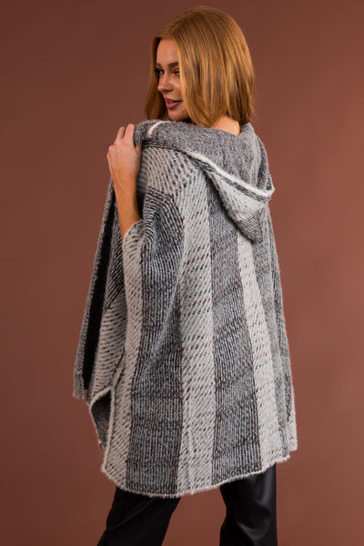 Black and Ivory Open Front Hooded Poncho