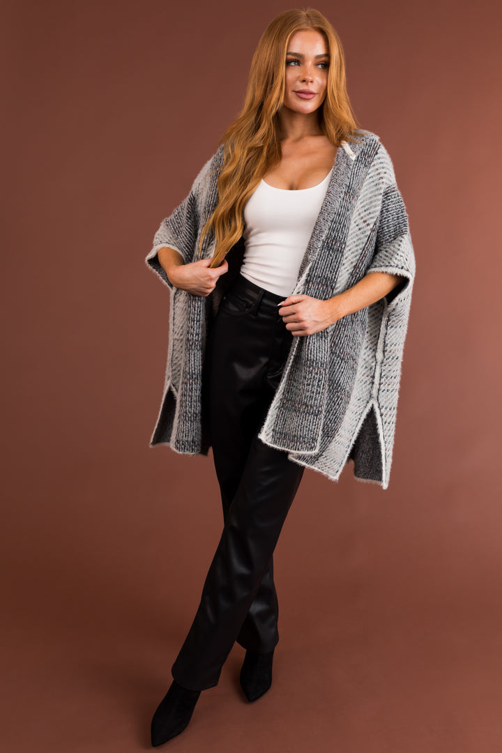 Black and Ivory Open Front Hooded Poncho