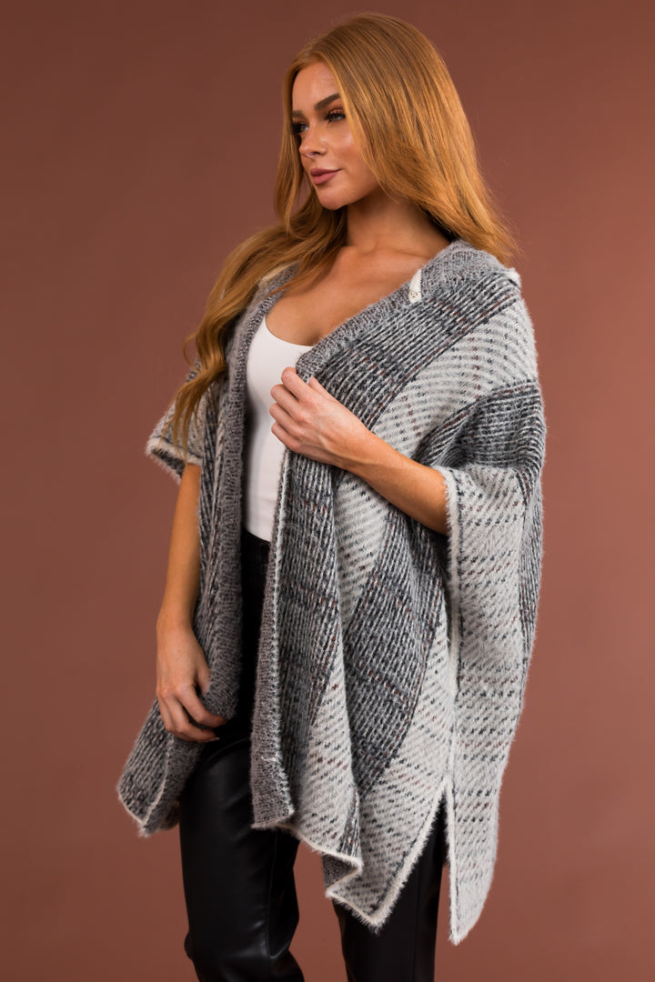 Black and Ivory Open Front Hooded Poncho