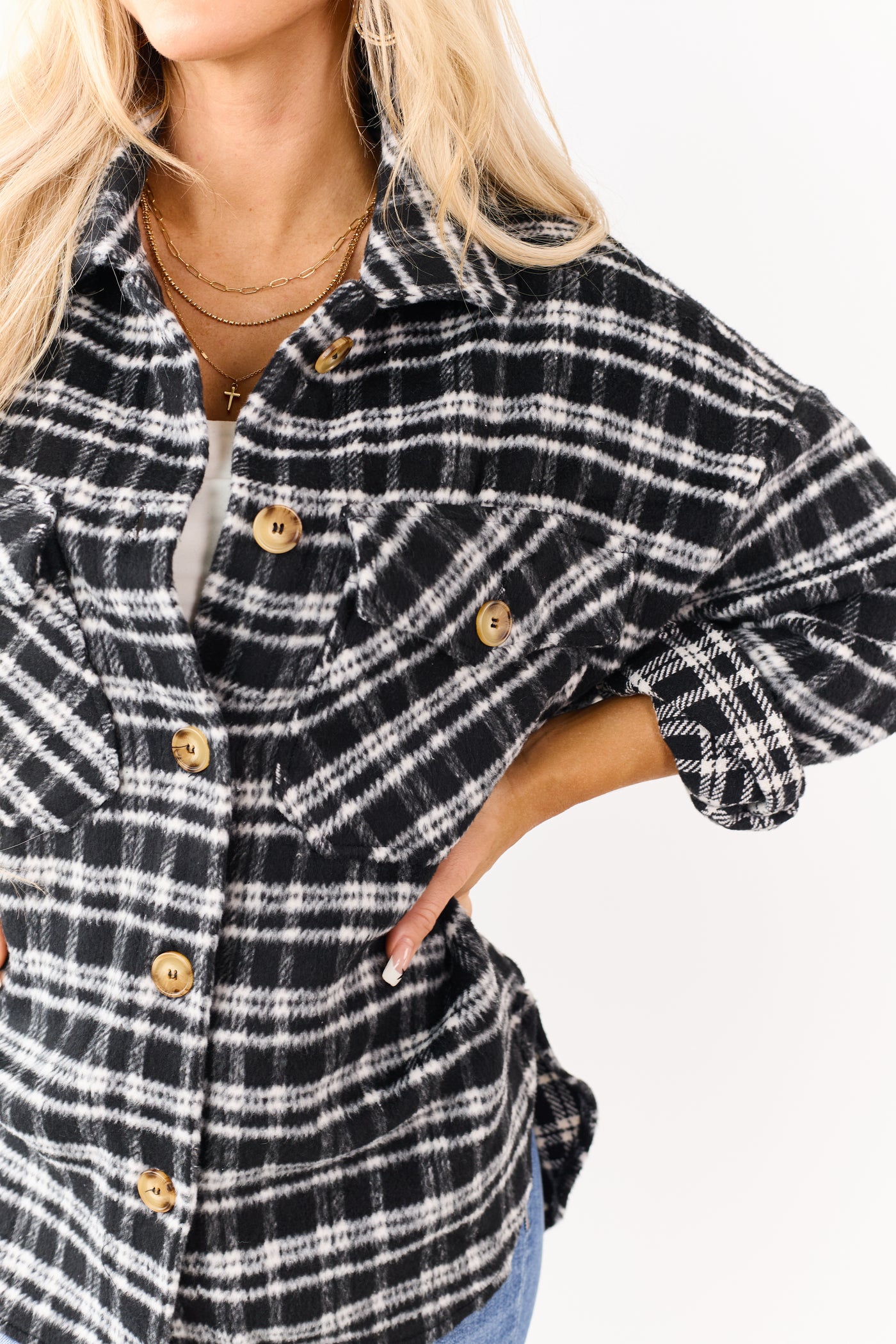 Black and Ivory Plaid Button Down Shacket