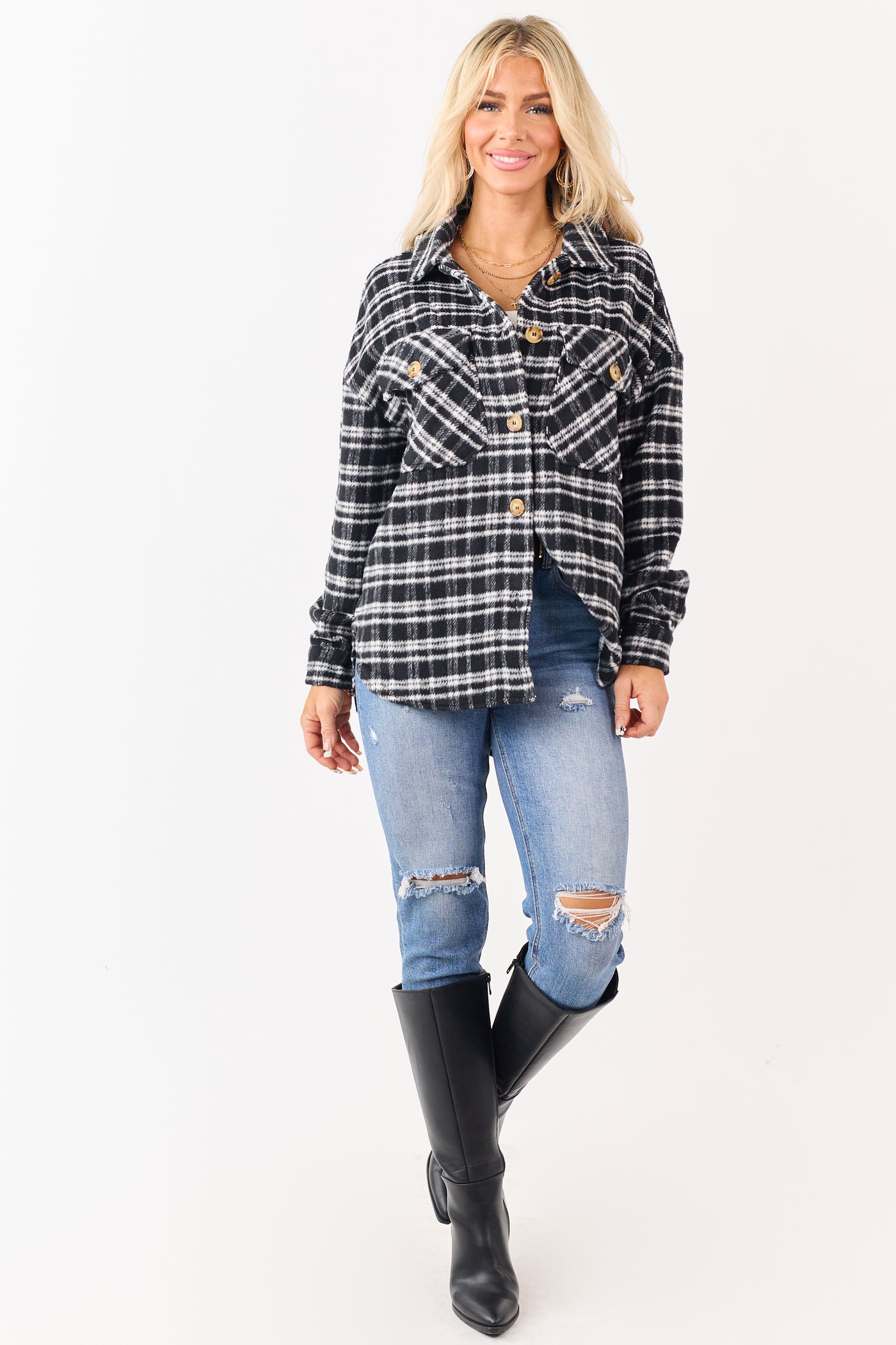 Black and Ivory Plaid Button Down Shacket