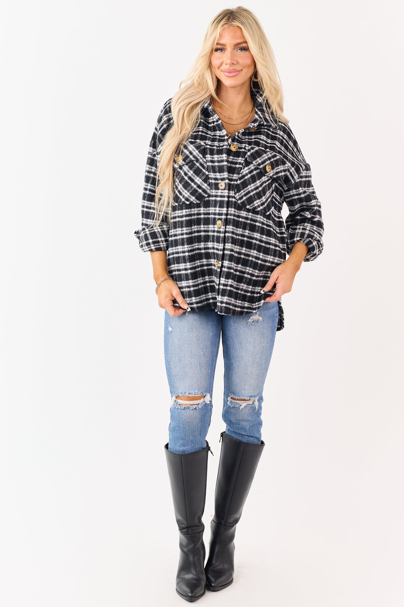 Black and Ivory Plaid Button Down Shacket