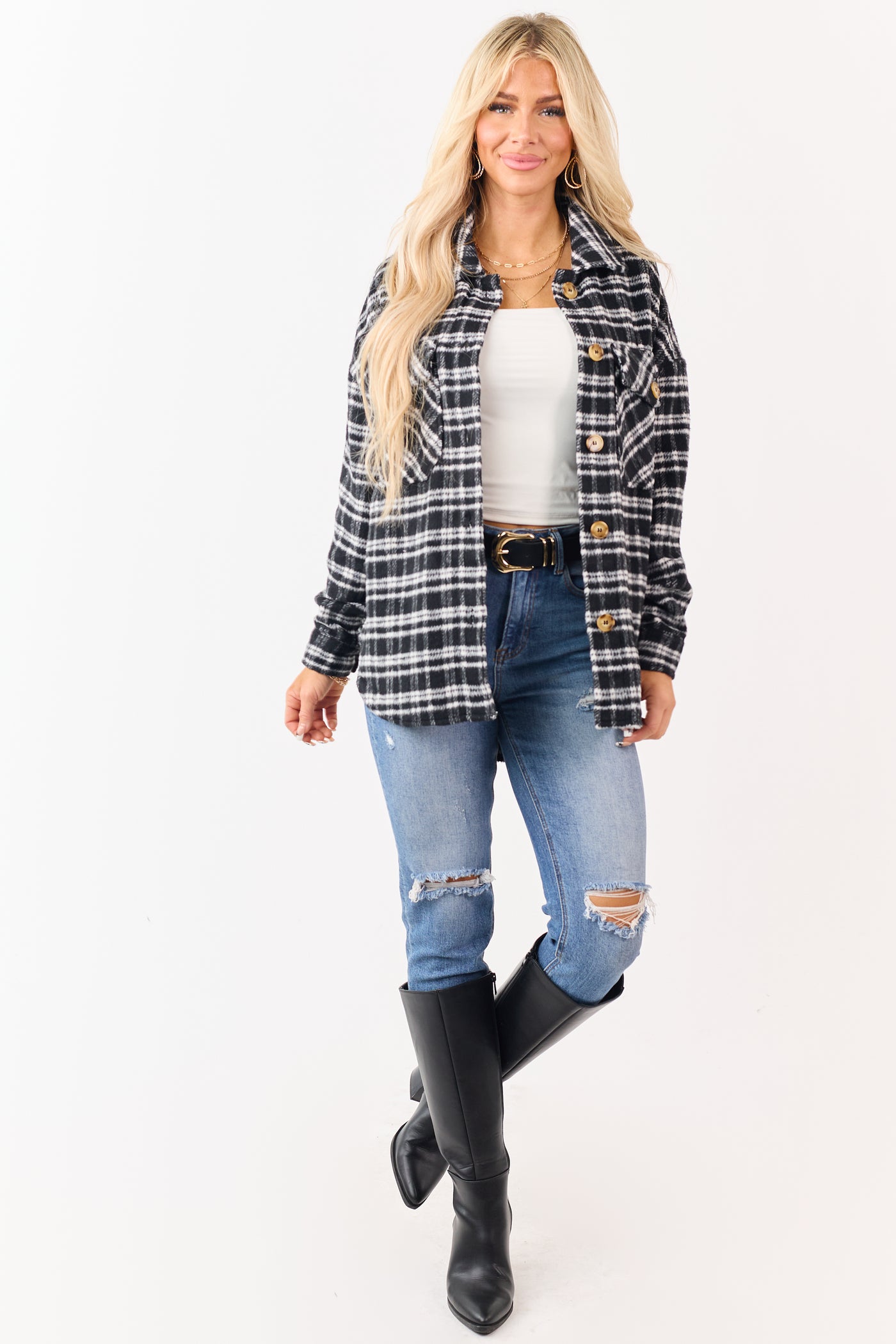 Black and Ivory Plaid Button Down Shacket
