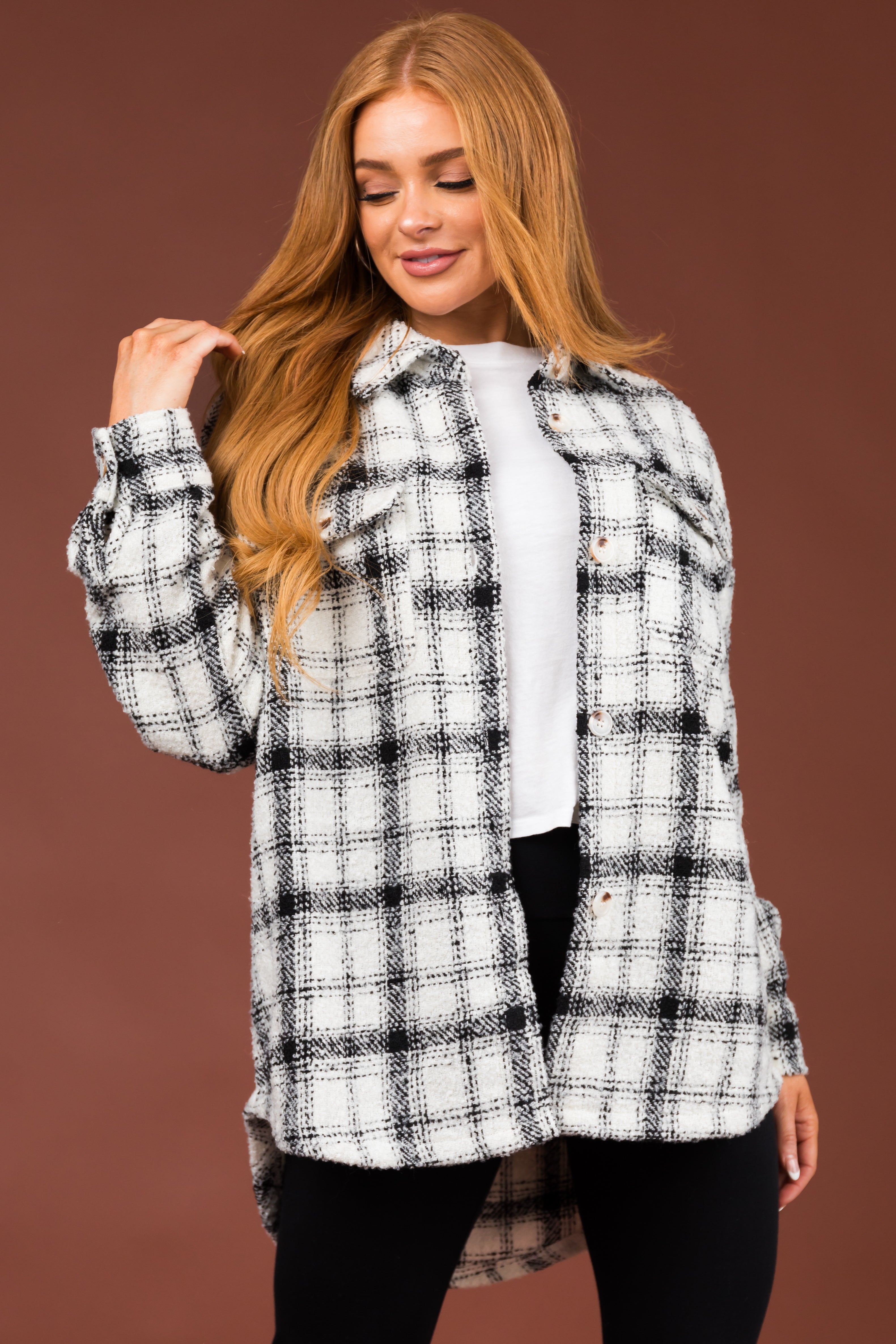 Black and Ivory Plaid Button Up Shacket | Lime Lush
