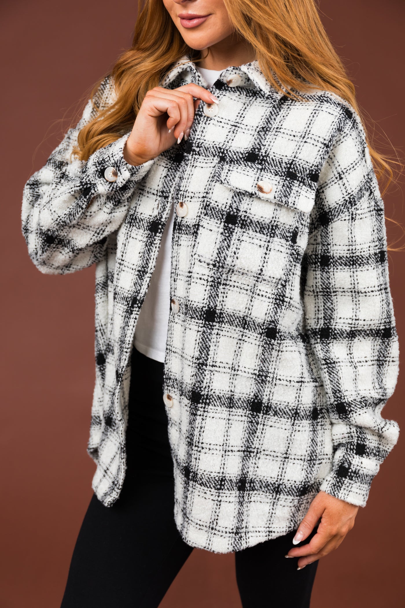 Black and Ivory Plaid Button Up Shacket