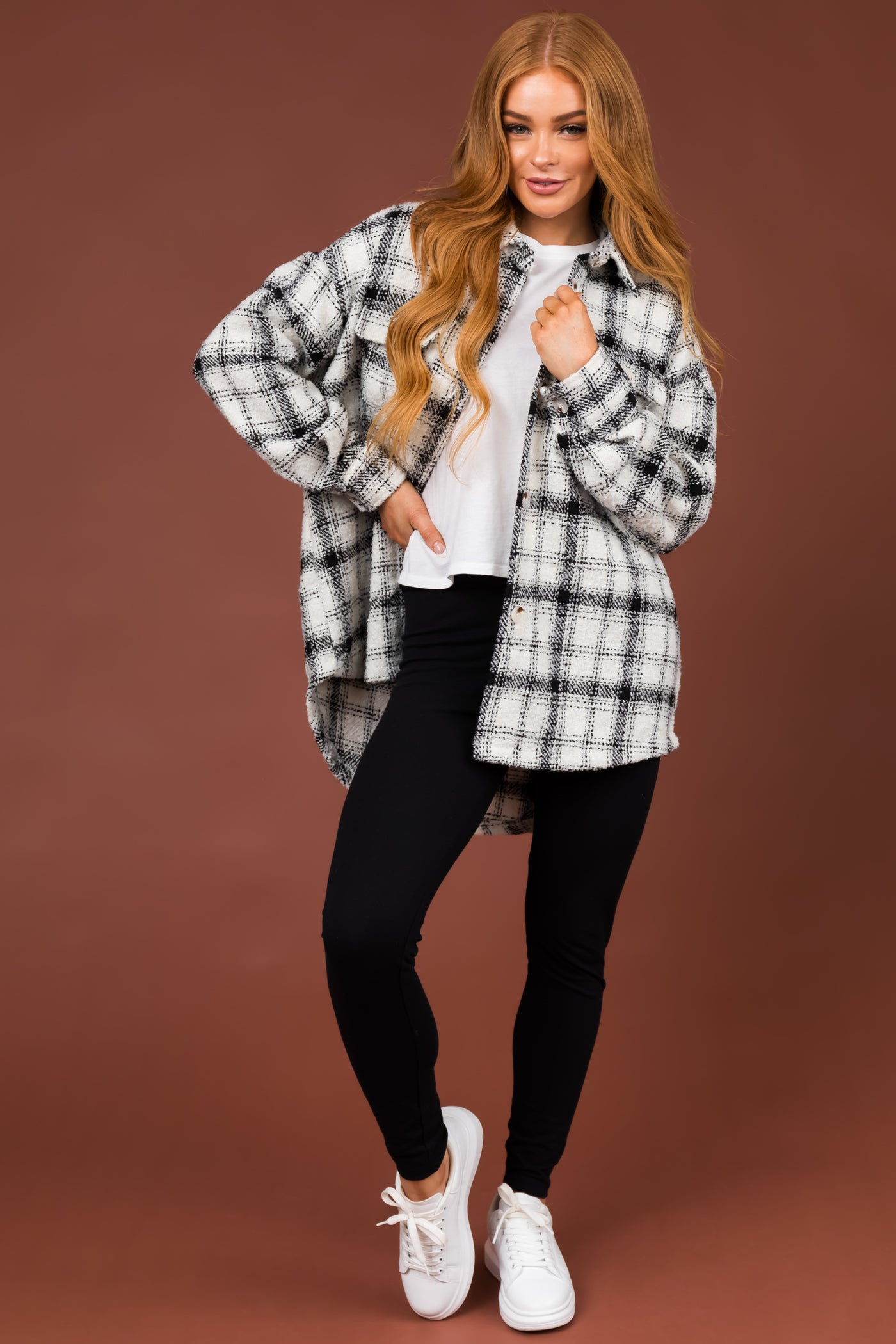 Black and Ivory Plaid Button Up Shacket