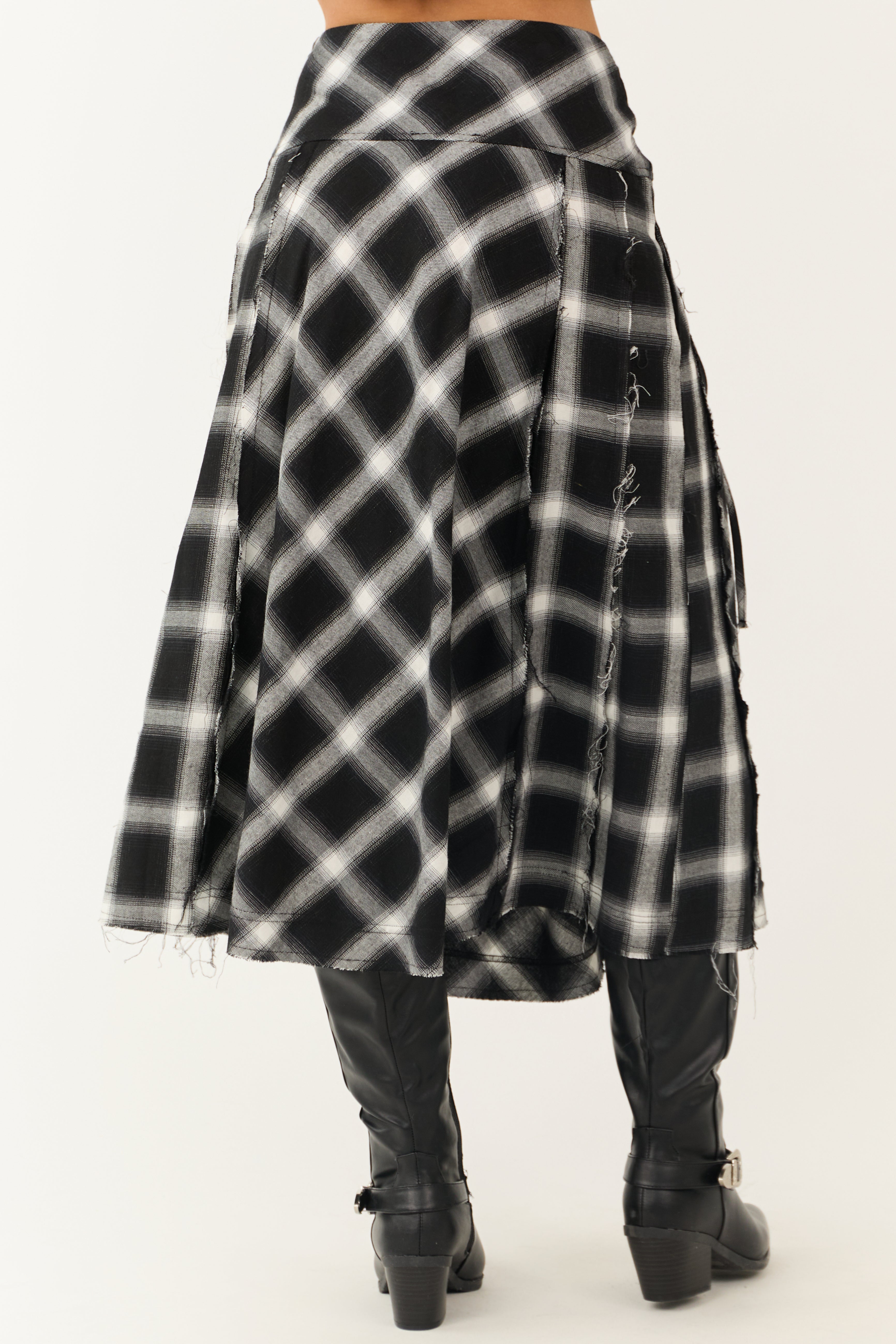 Black and Ivory Plaid Raw Hem Midi Skirt | Lime Lush Boutique
