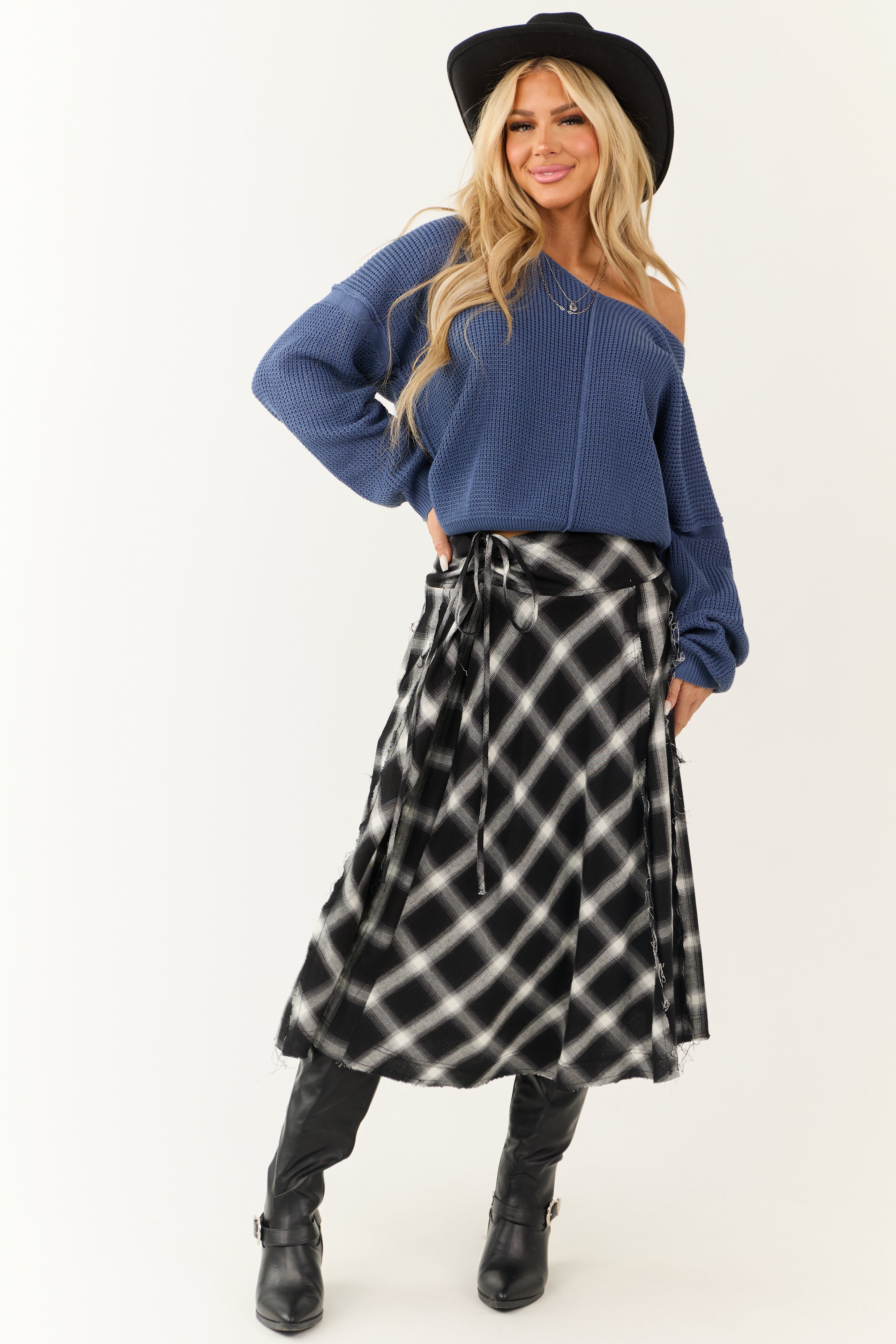 Black and Ivory Plaid Raw Hem Midi Skirt | Lime Lush Boutique