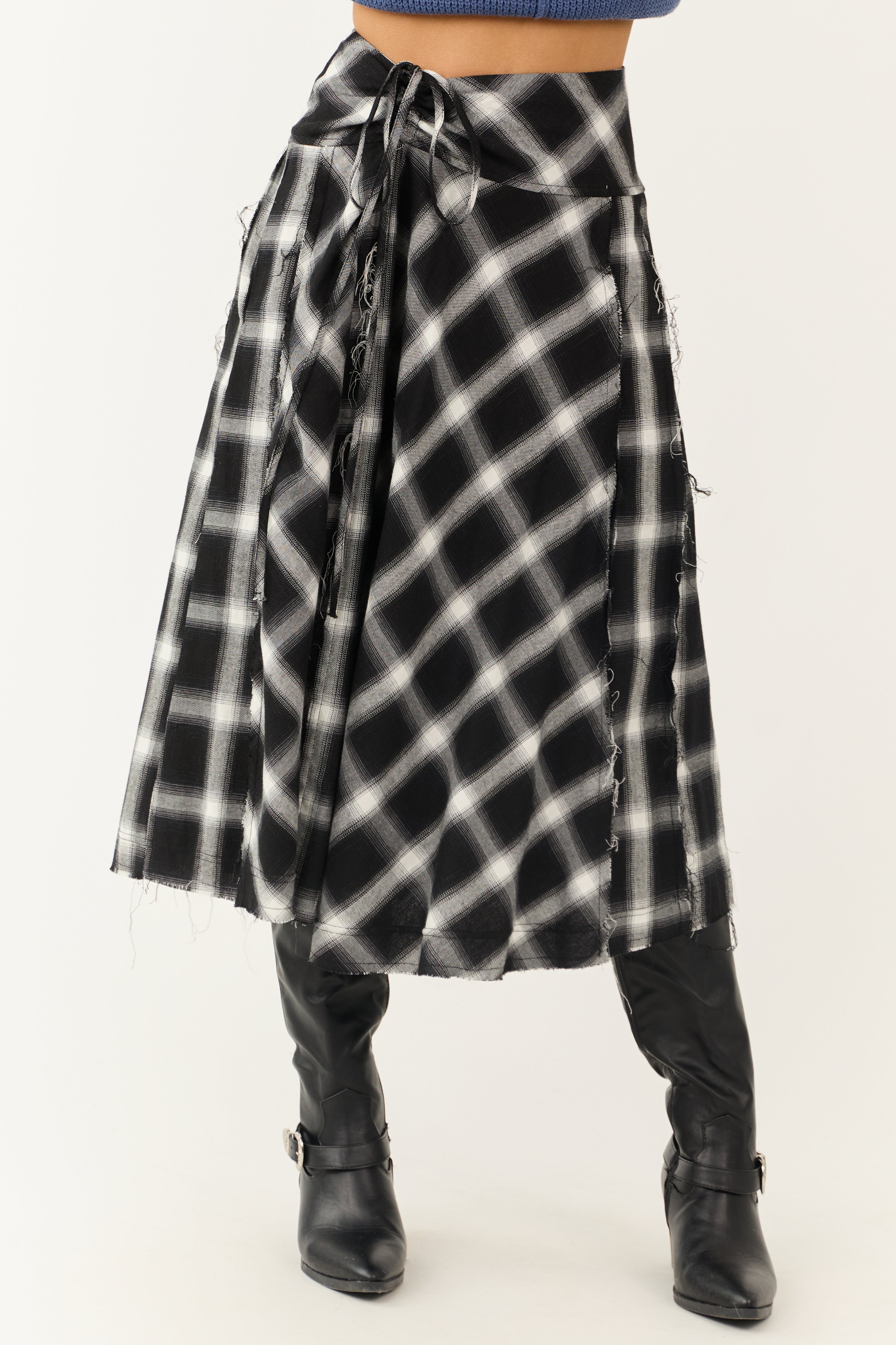 Black and Ivory Plaid Raw Hem Midi Skirt | Lime Lush Boutique