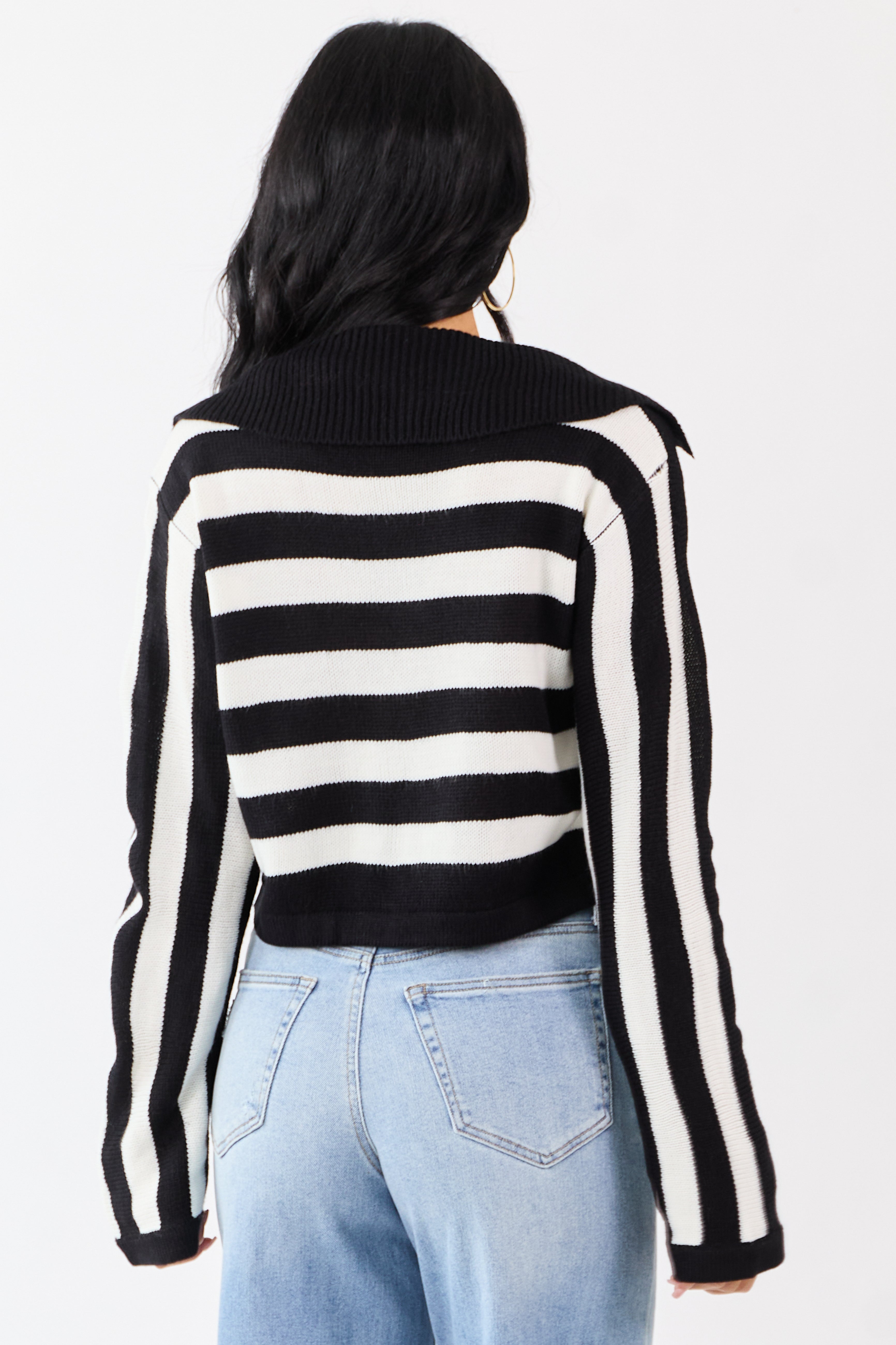 Black and Ivory Stripe Polo Style Cropped Sweater