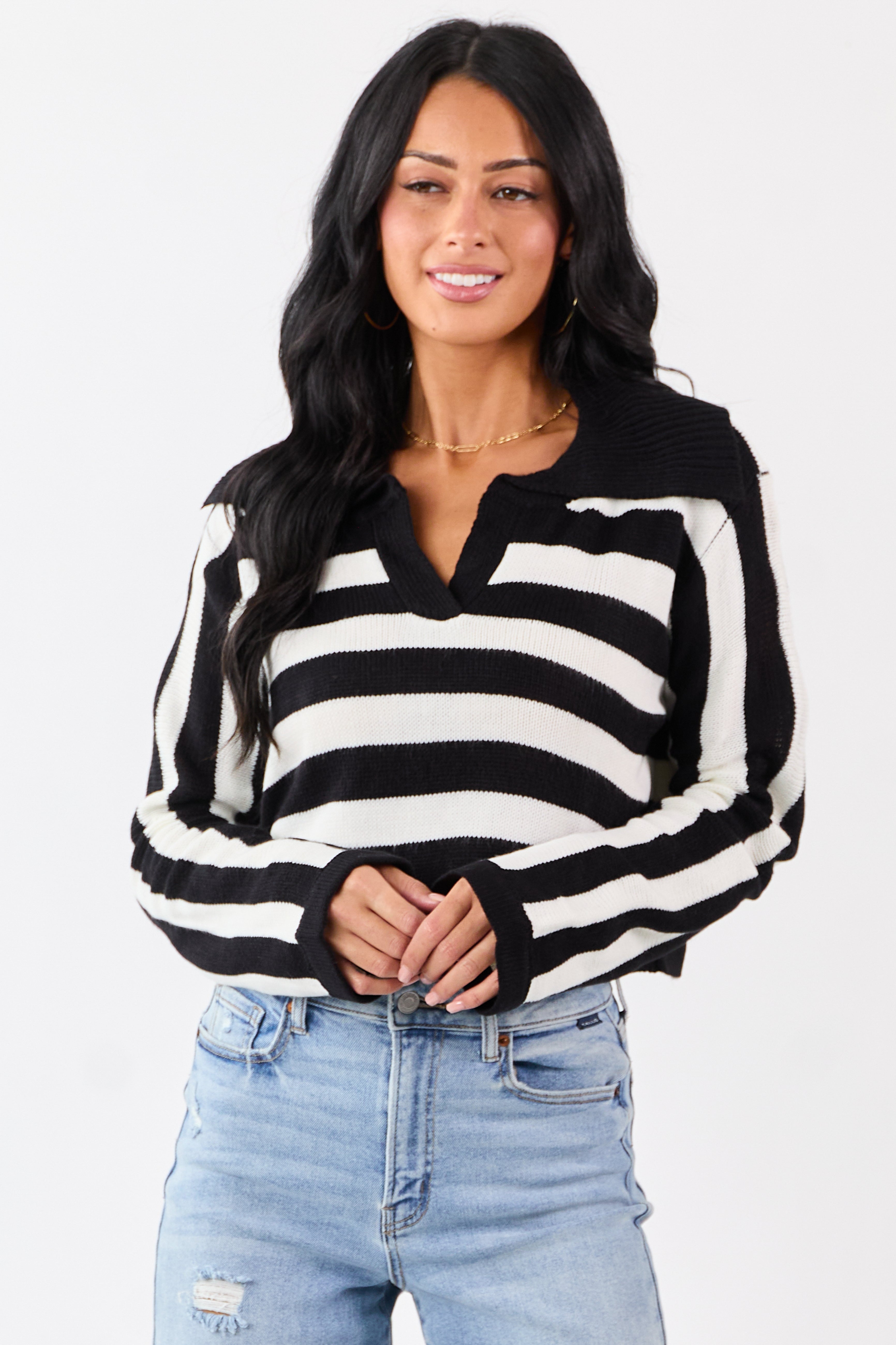 Black and Ivory Stripe Polo Style Cropped Sweater | Lime Lush Boutique