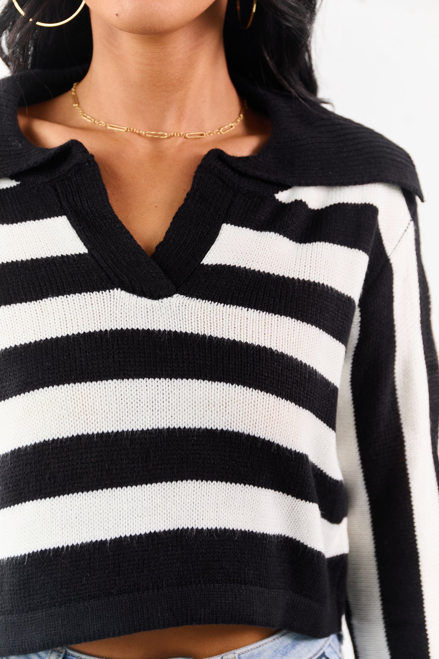Black and Ivory Stripe Polo Style Cropped Sweater