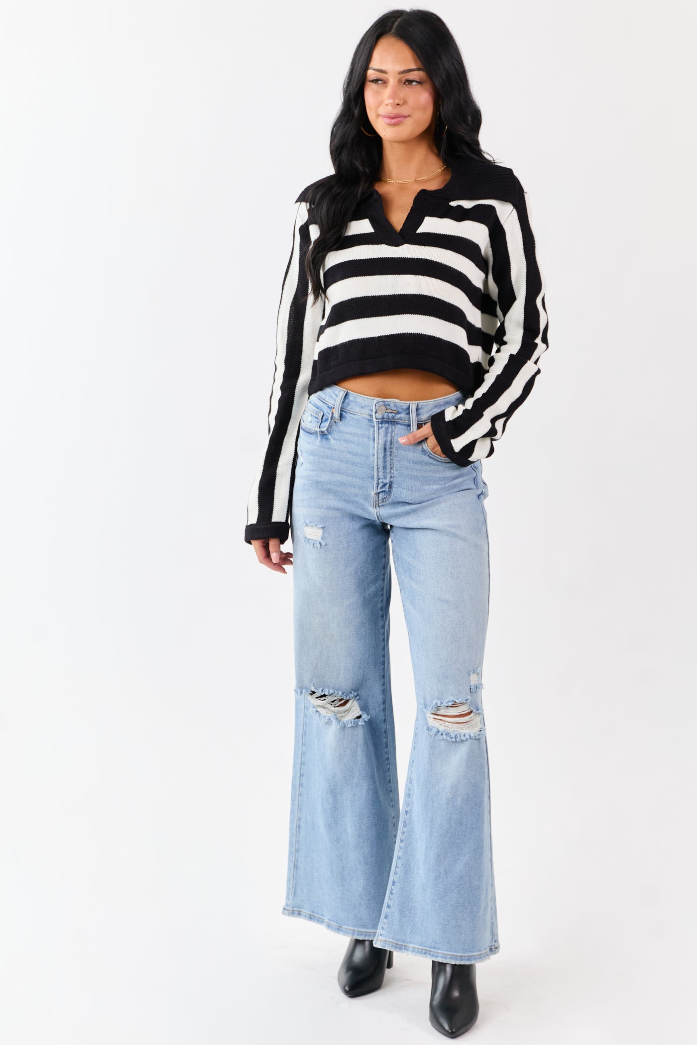 Black and Ivory Stripe Polo Style Cropped Sweater