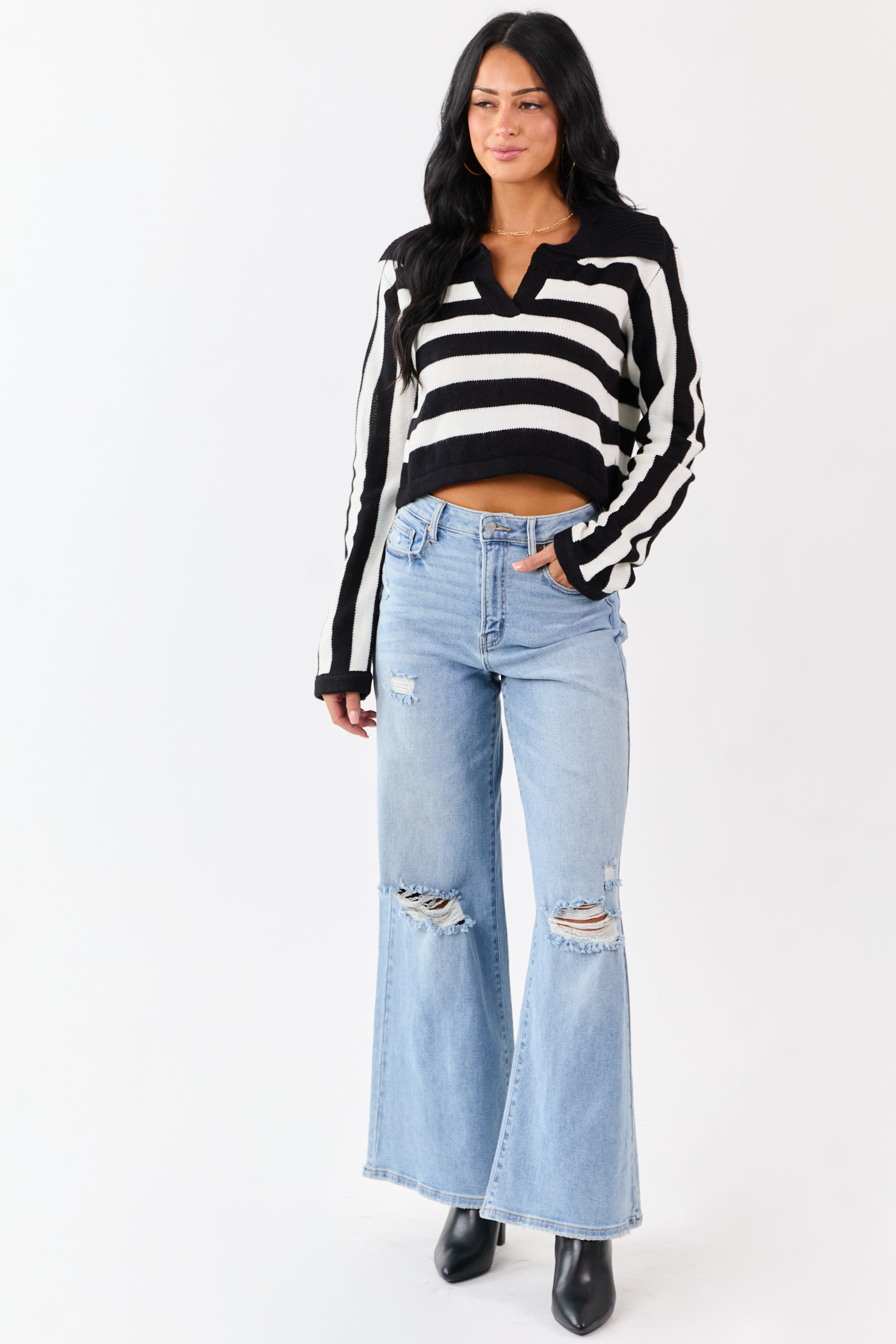 Black and Ivory Stripe Polo Style Cropped Sweater