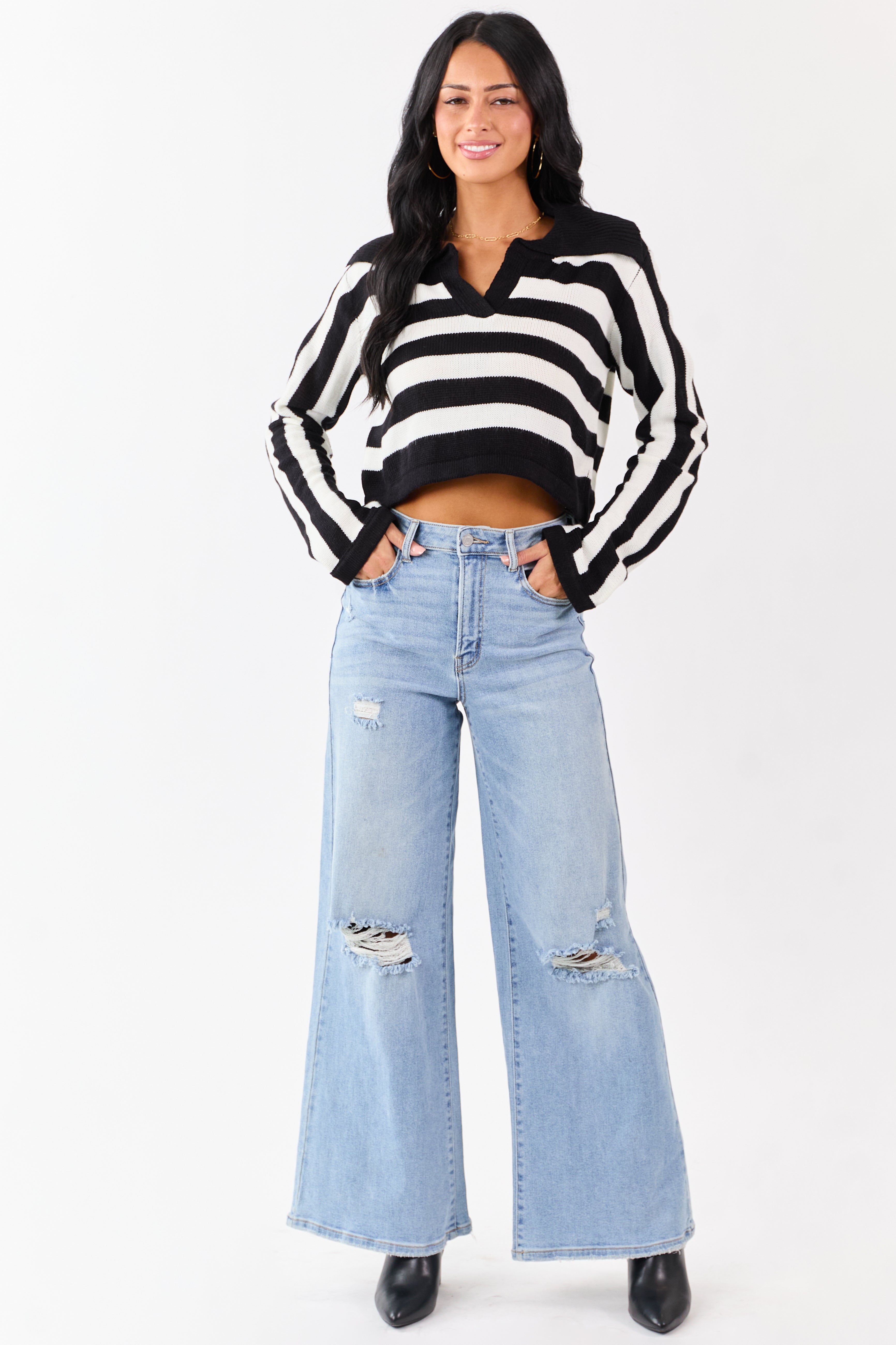 Black and Ivory Stripe Polo Style Cropped Sweater | Lime Lush Boutique