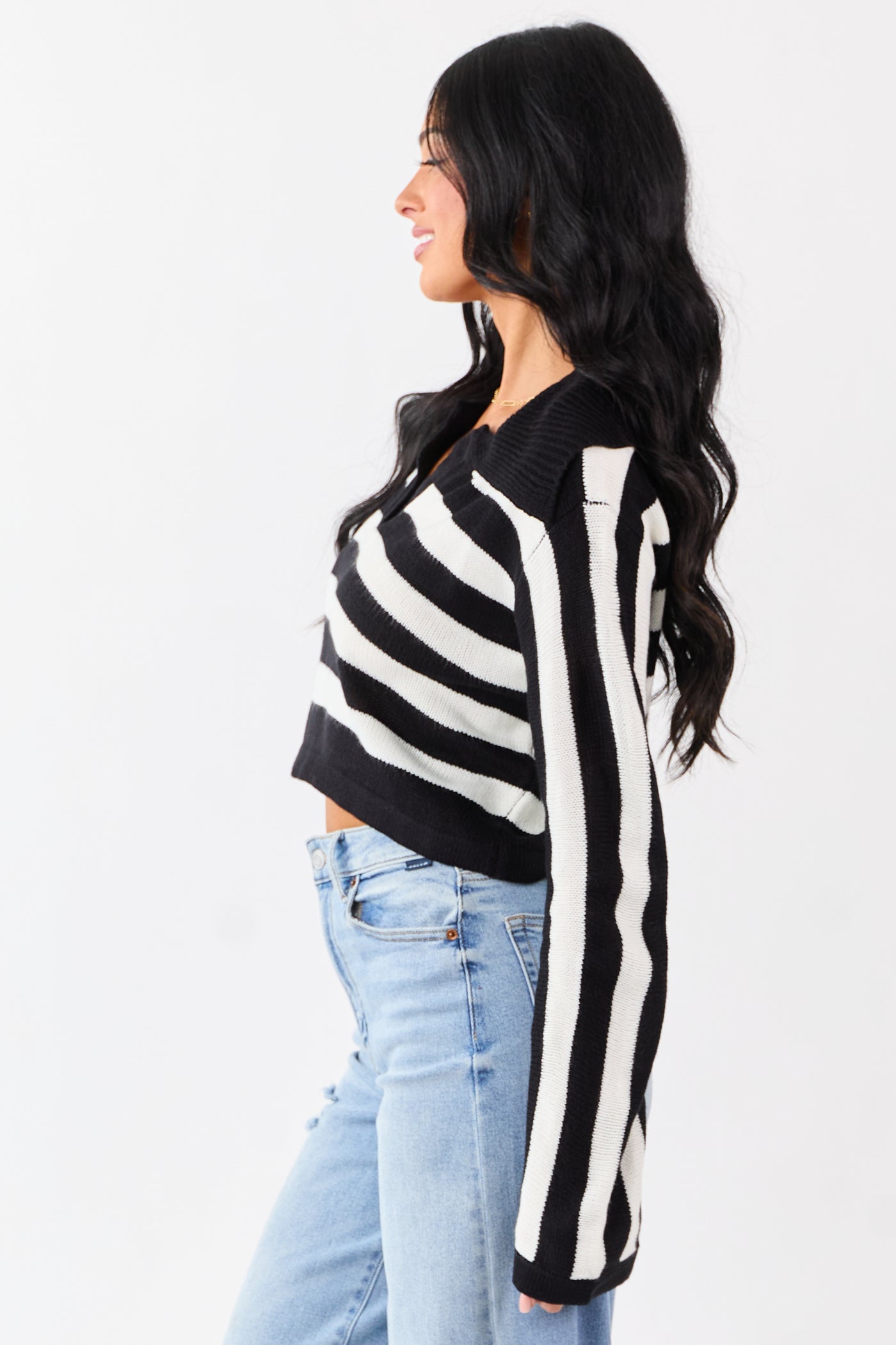 Black and Ivory Stripe Polo Style Cropped Sweater