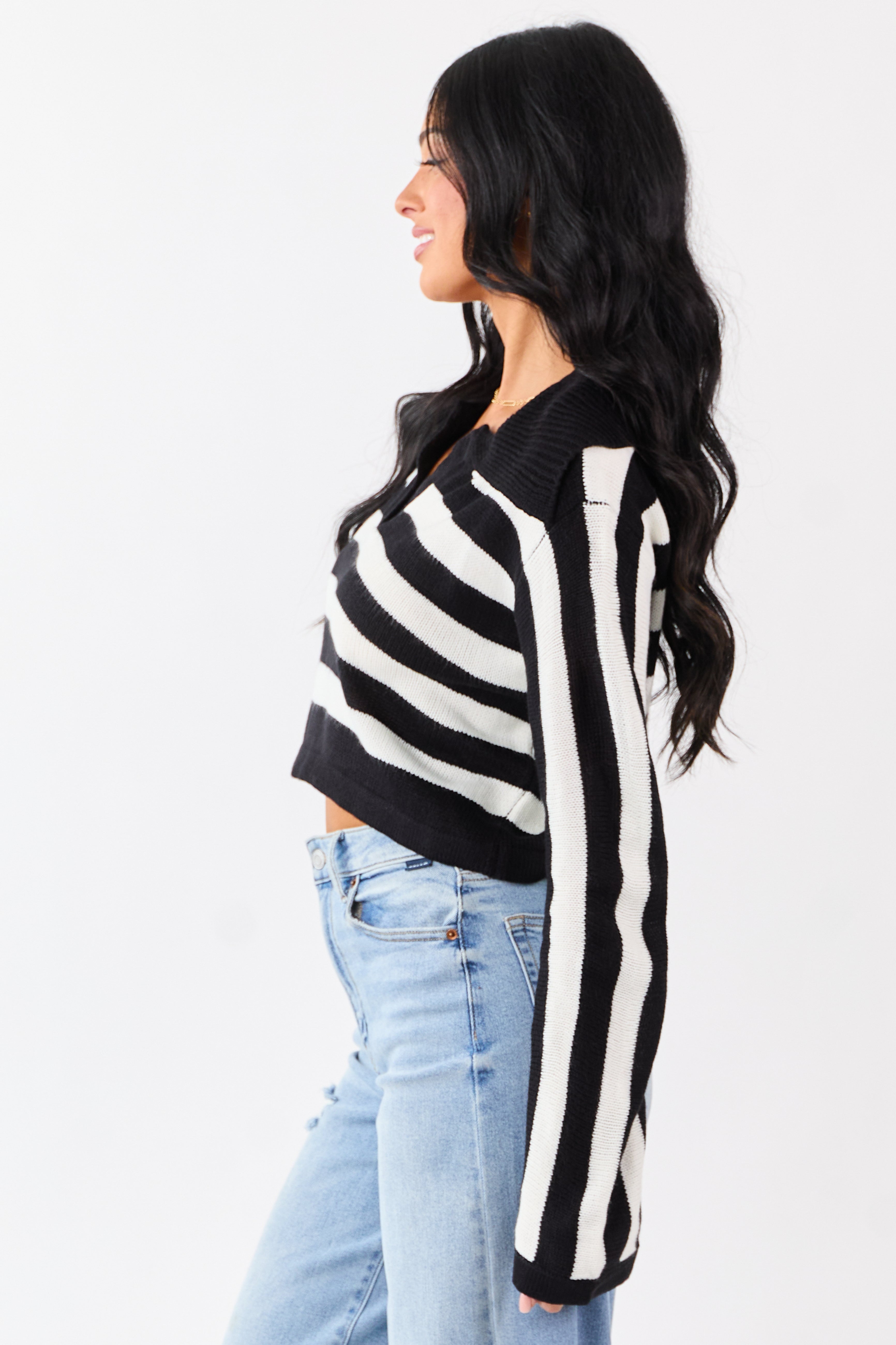 Black and Ivory Stripe Polo Style Cropped Sweater