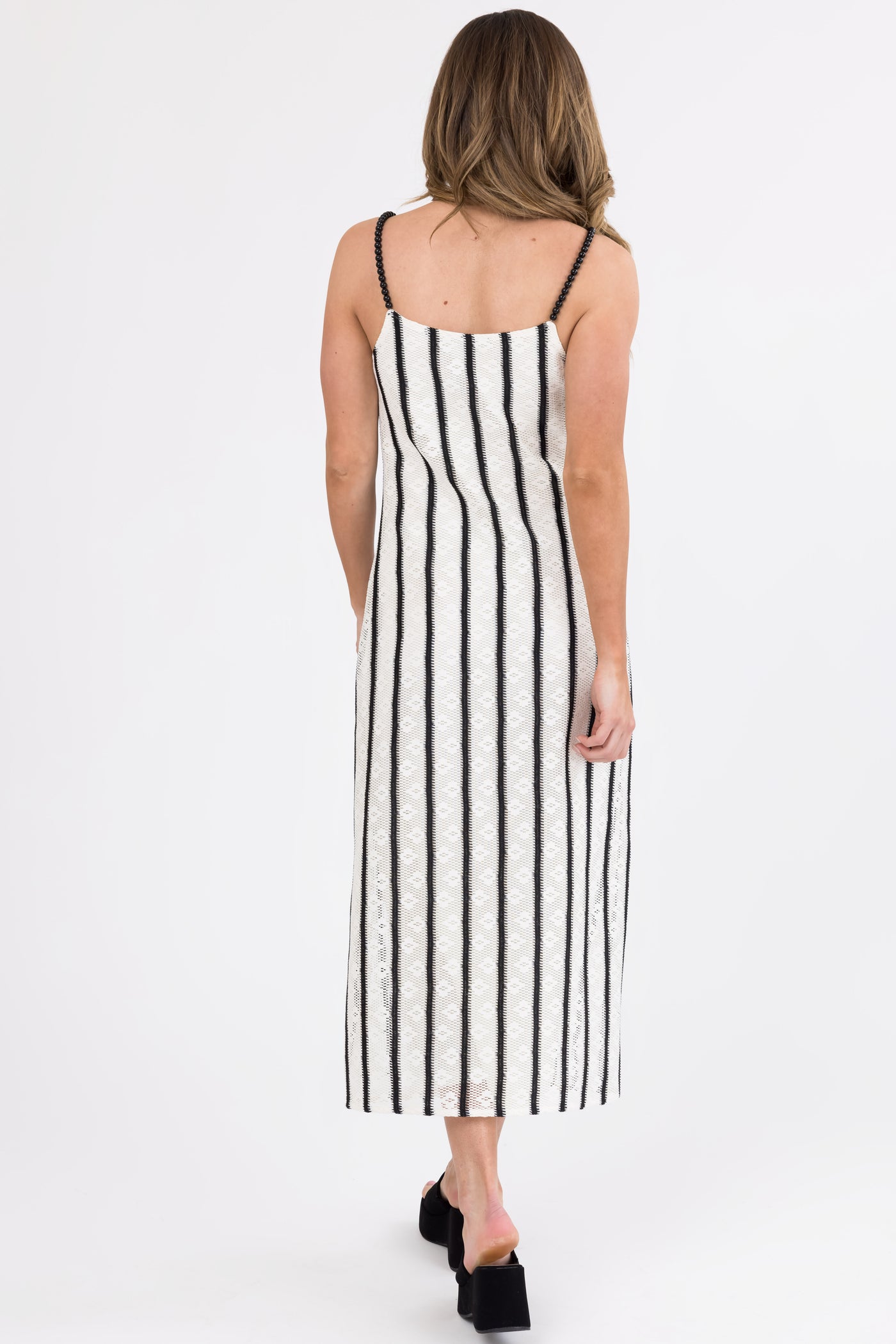 Black and Ivory Striped Bead Strap Maxi Dress