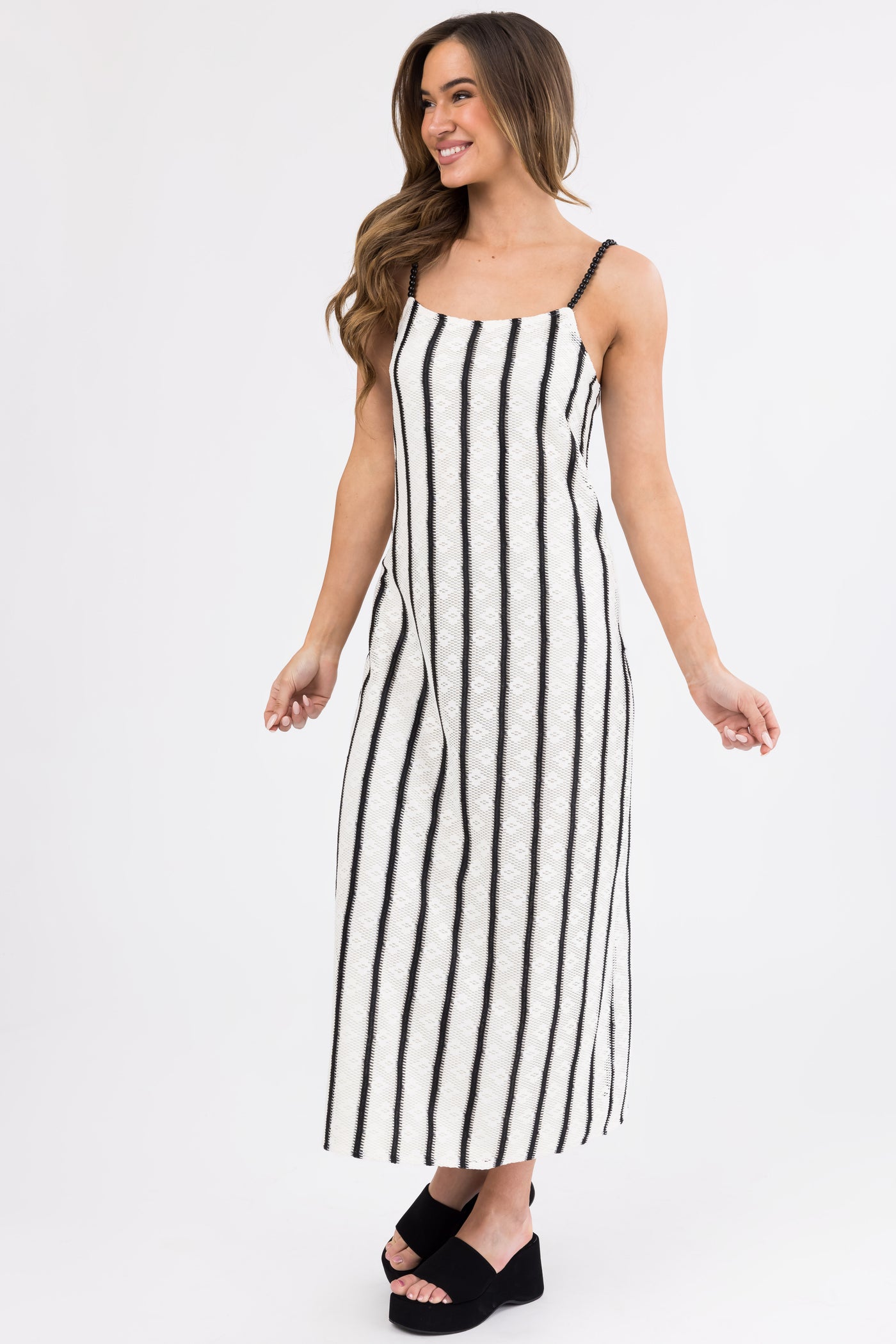 Black and Ivory Striped Bead Strap Maxi Dress Black and Ivory Striped Bead Strap Maxi Dress
