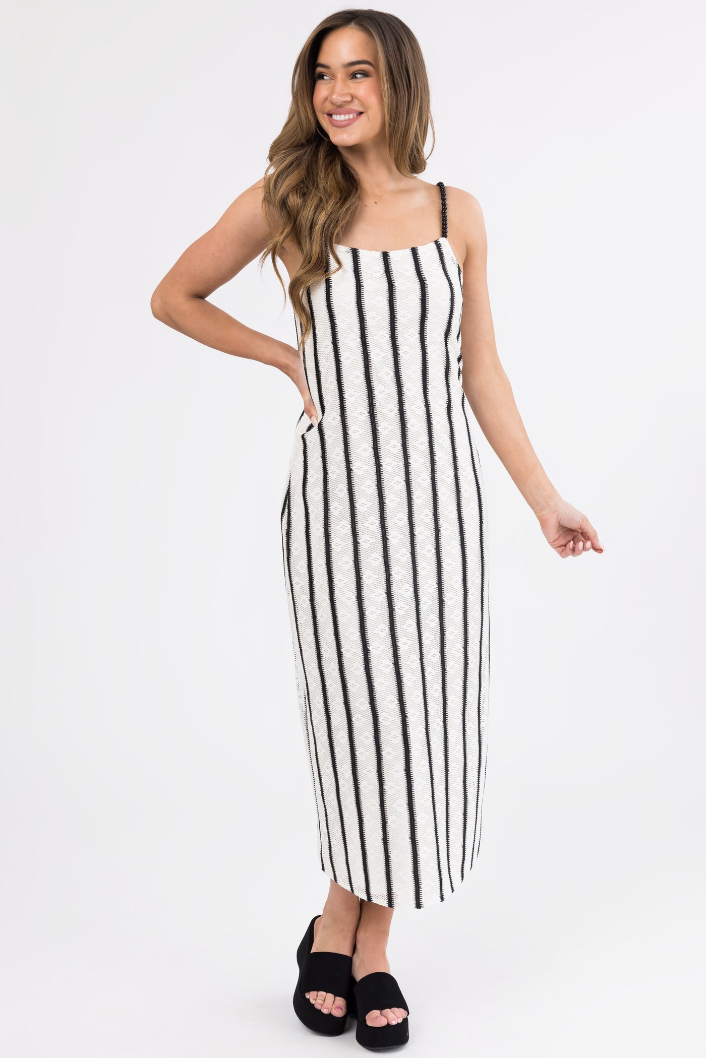 Black and Ivory Striped Bead Strap Maxi Dress