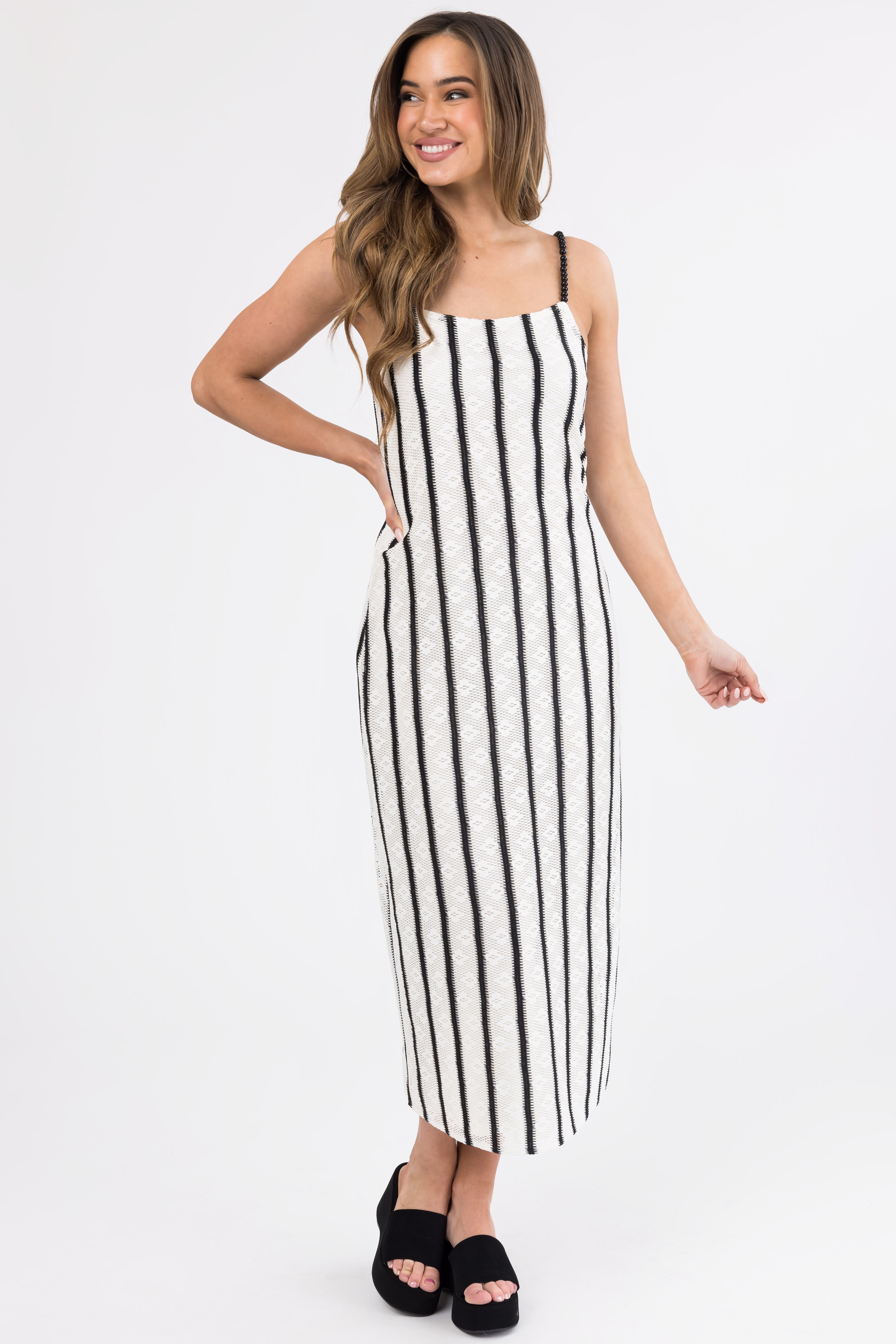 Black and Ivory Striped Bead Strap Maxi Dress | Lime Lush Boutique Black and Ivory Striped Bead Strap Maxi Dress | Lime Lush Boutique