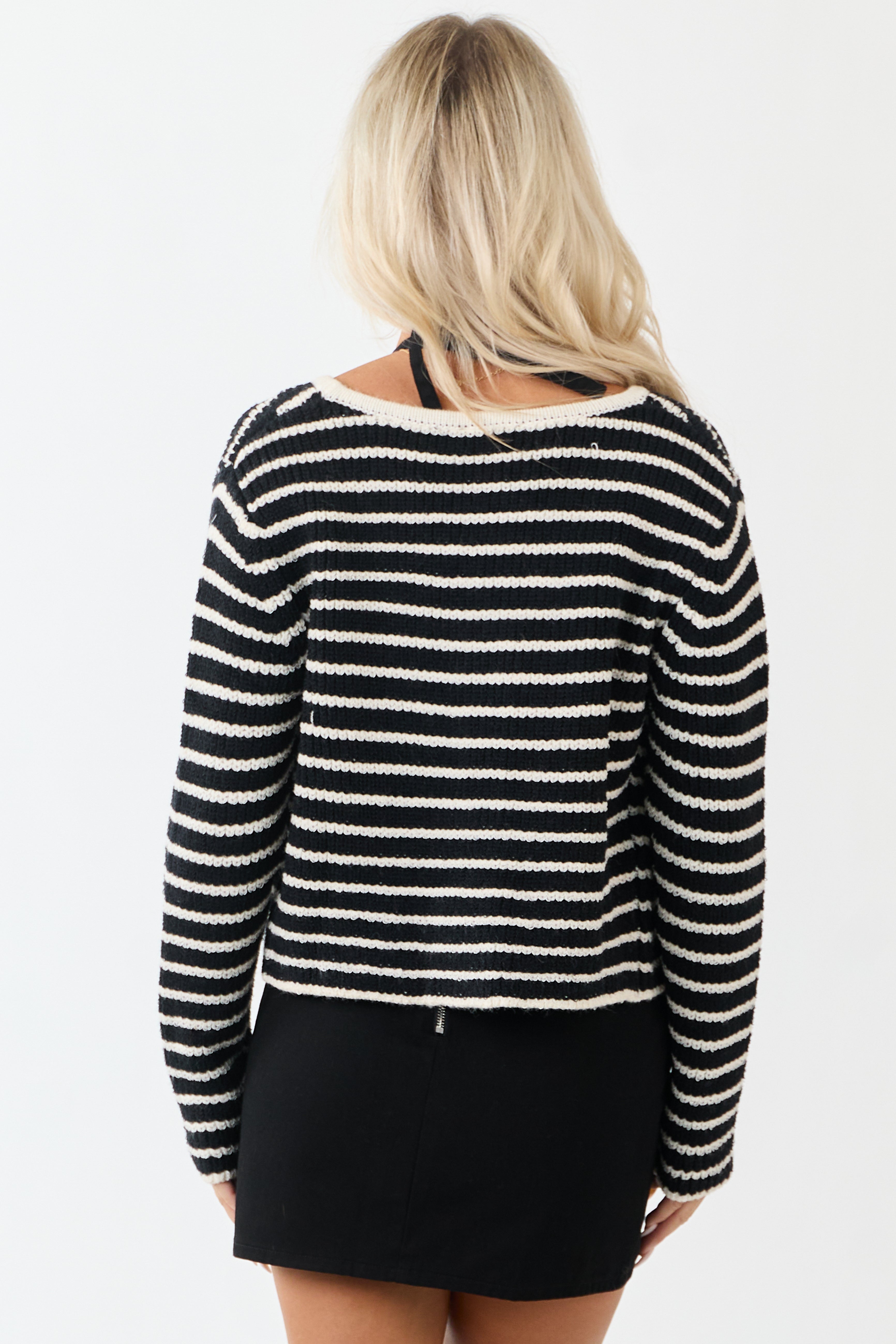 Black and Ivory Striped Button Down Knit Cardigan