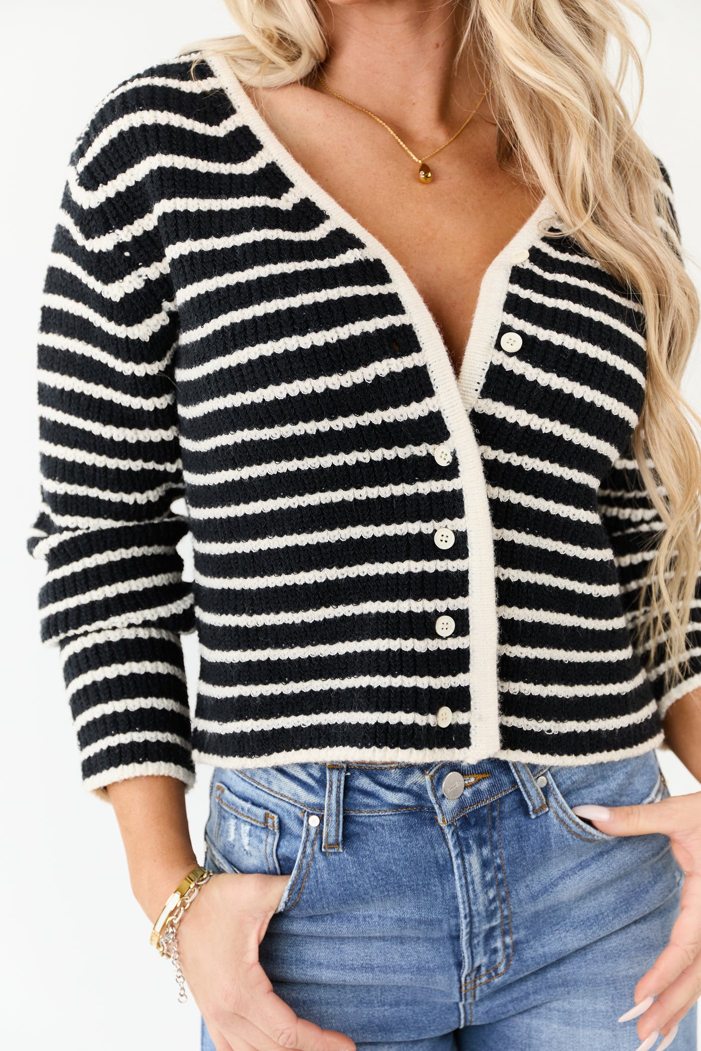 Black and Ivory Striped Button Down Knit Cardigan