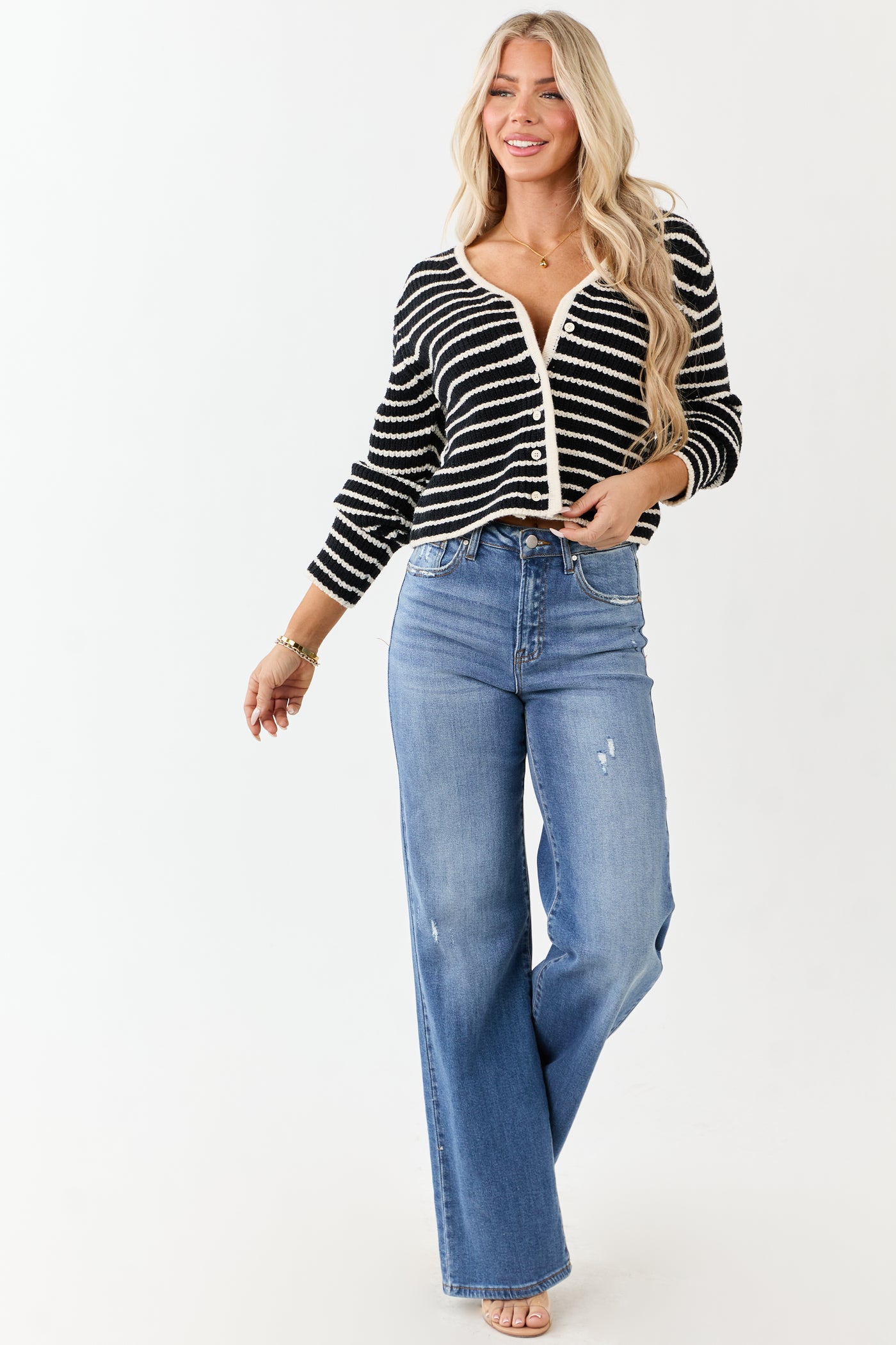 Black and Ivory Striped Button Down Knit Cardigan