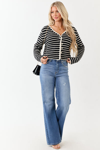 Black and Ivory Striped Button Down Knit Cardigan