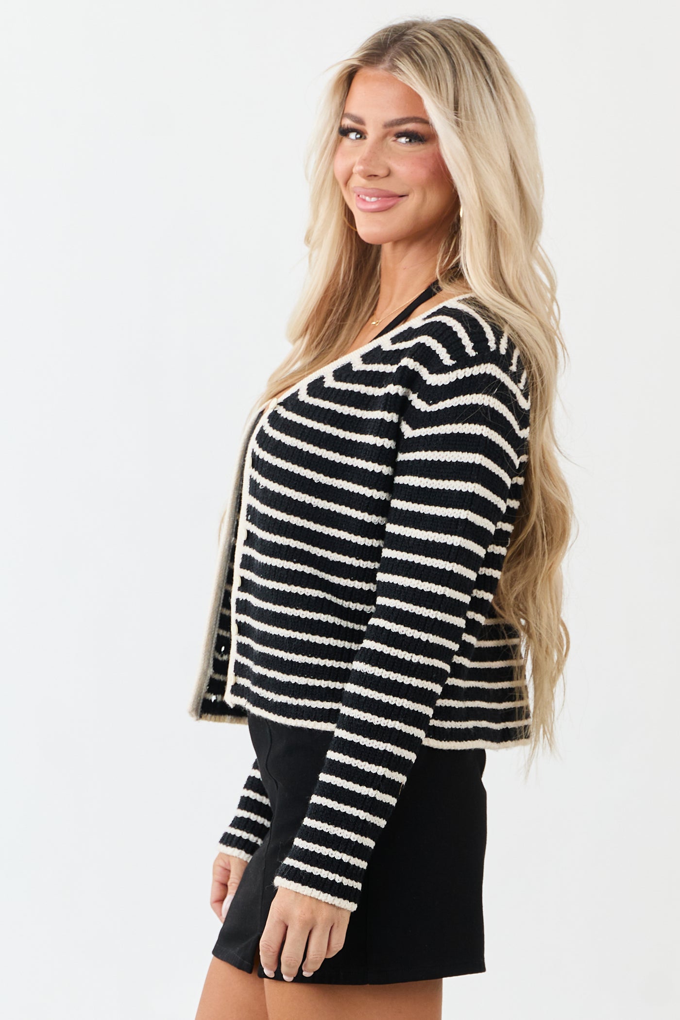 Black and Ivory Striped Button Down Knit Cardigan