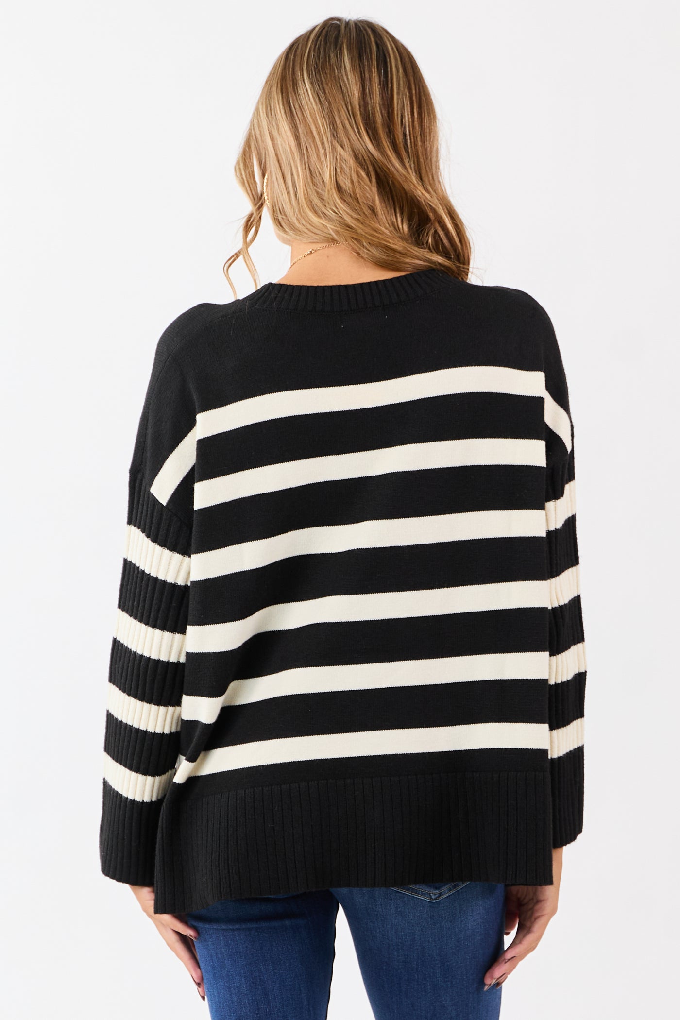 Black and Ivory Striped Ribbed Sleeve Sweater
