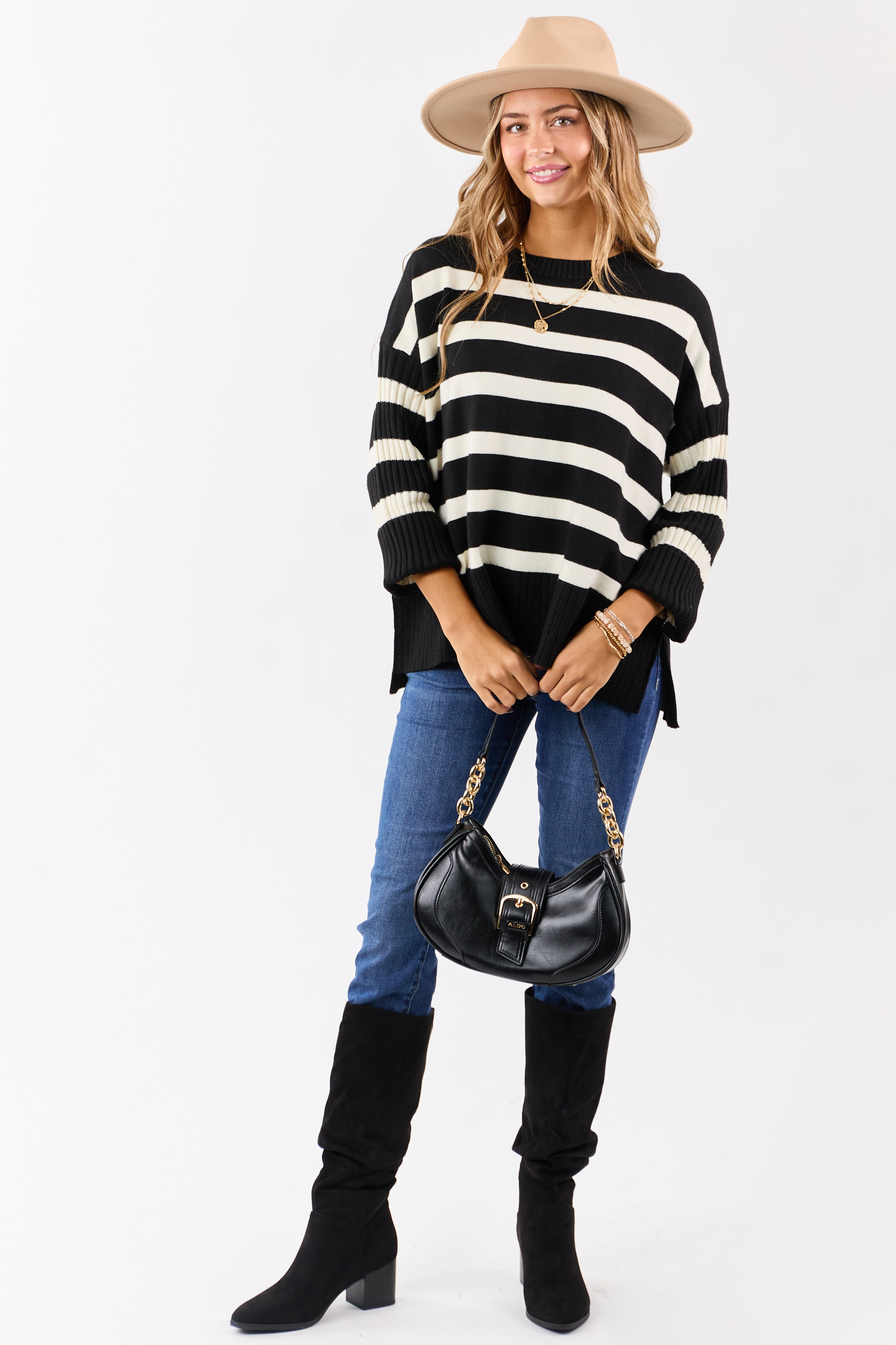 Black and Ivory Striped Ribbed Sleeve Sweater