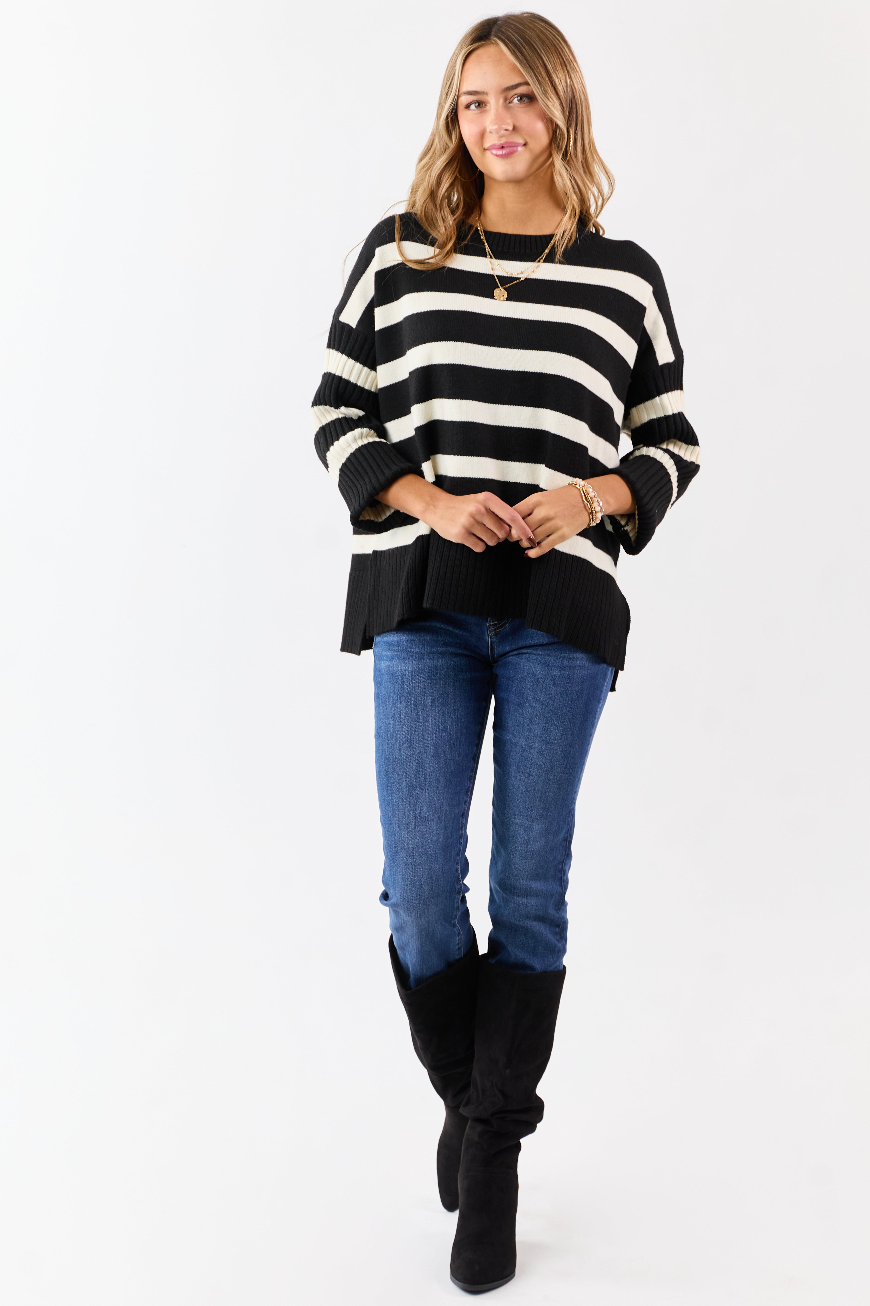 Black and Ivory Striped Ribbed Sleeve Sweater