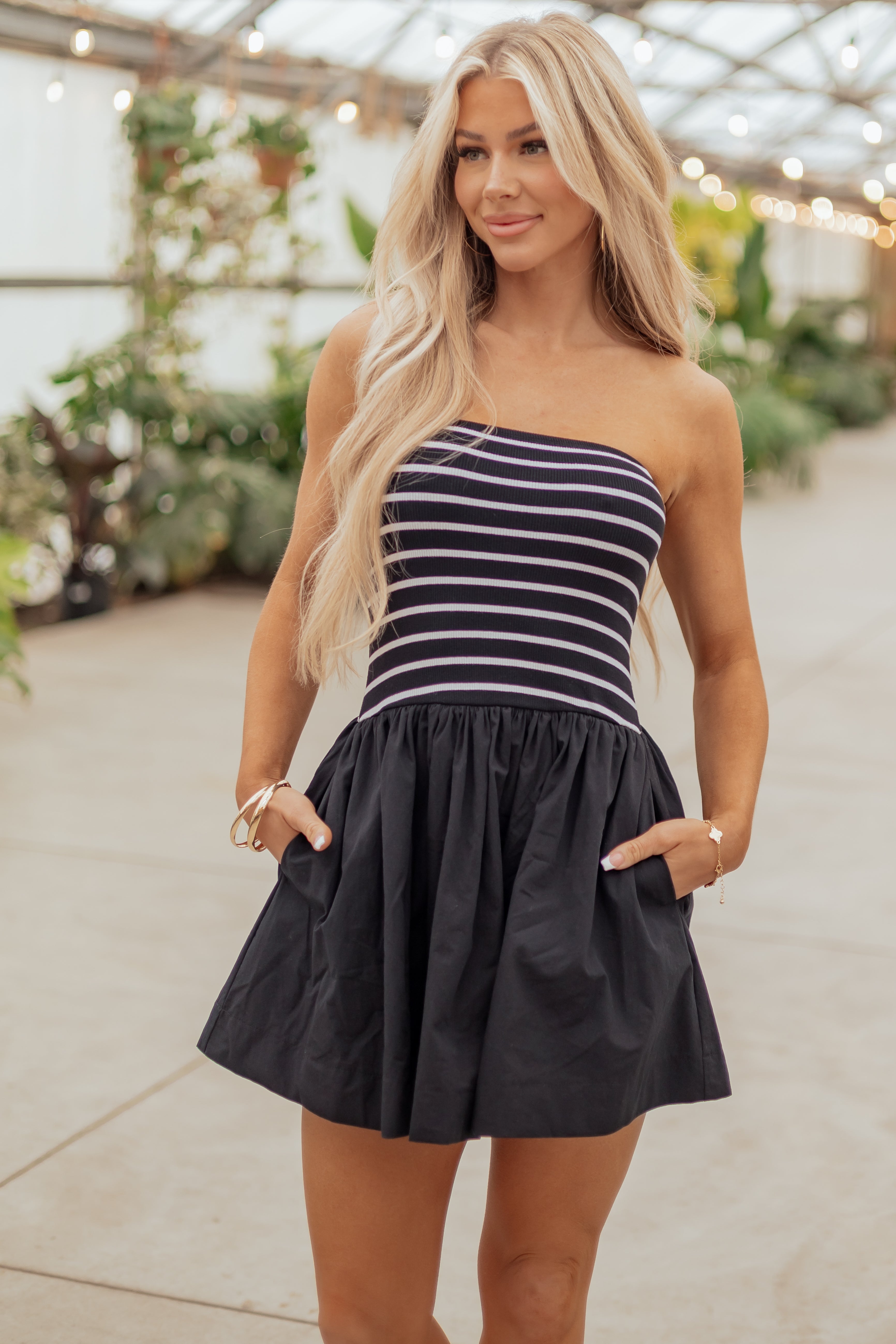 Black and Ivory Striped Strapless Cotton Mini Dress