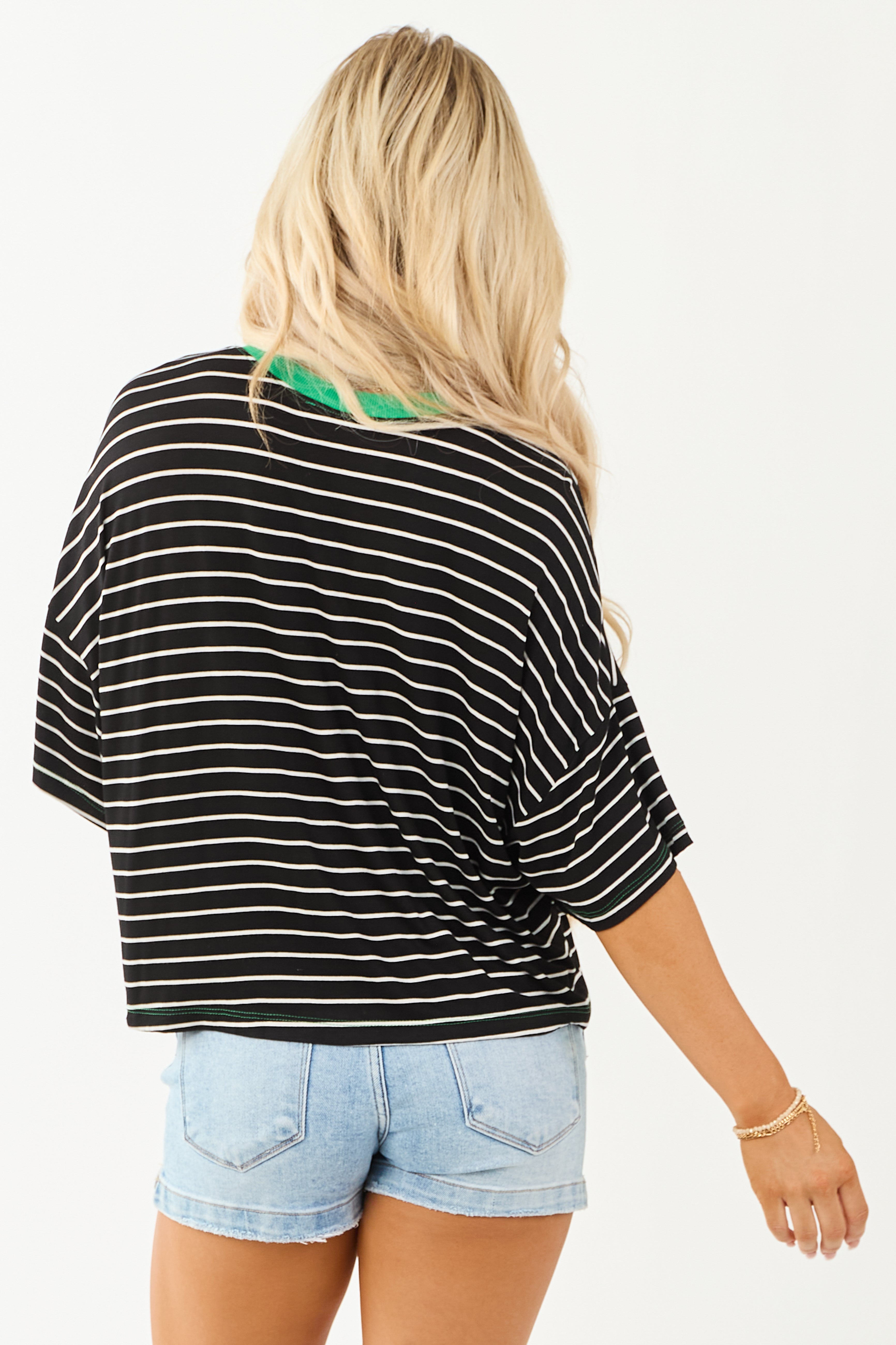 Black and Kelly Green Striped Half Sleeve Top