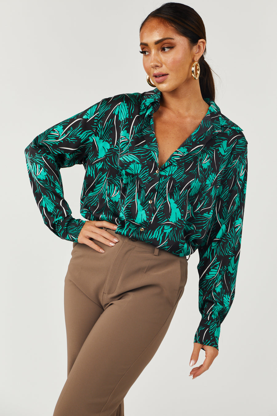 Black and Kelly Green Tropical Print Blouse